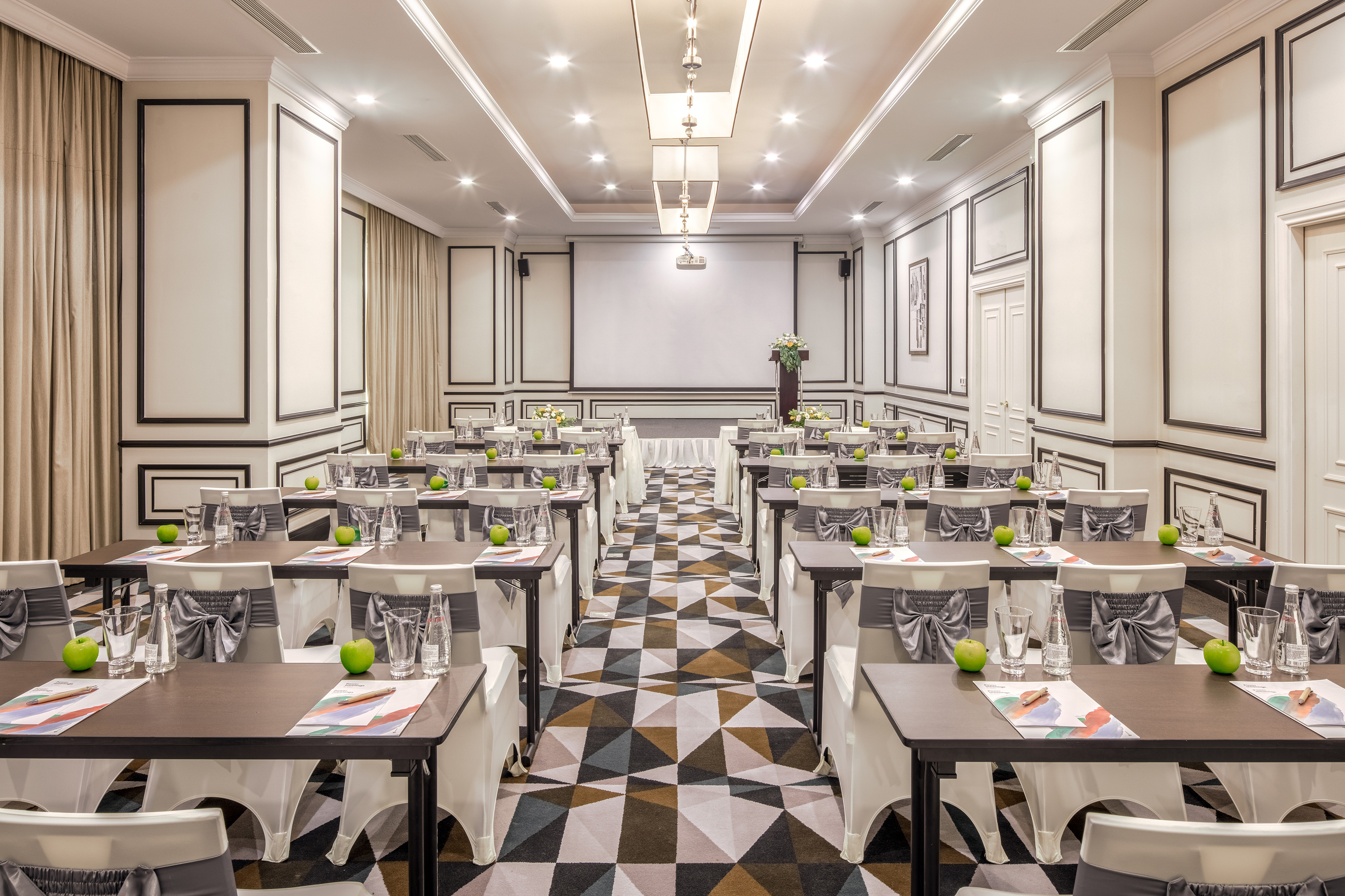 a room with tables and chairs