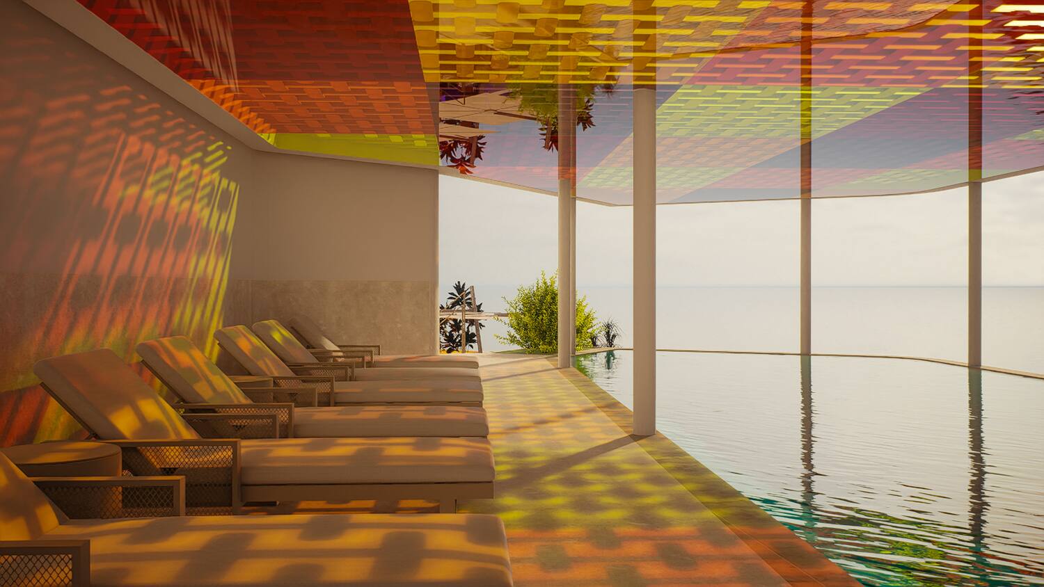 a pool with chairs and a view of the ocean