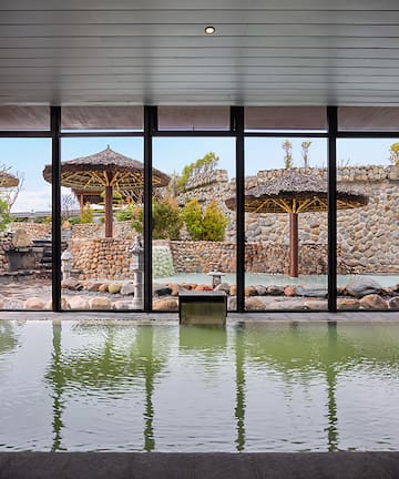 a large indoor pool with a large window