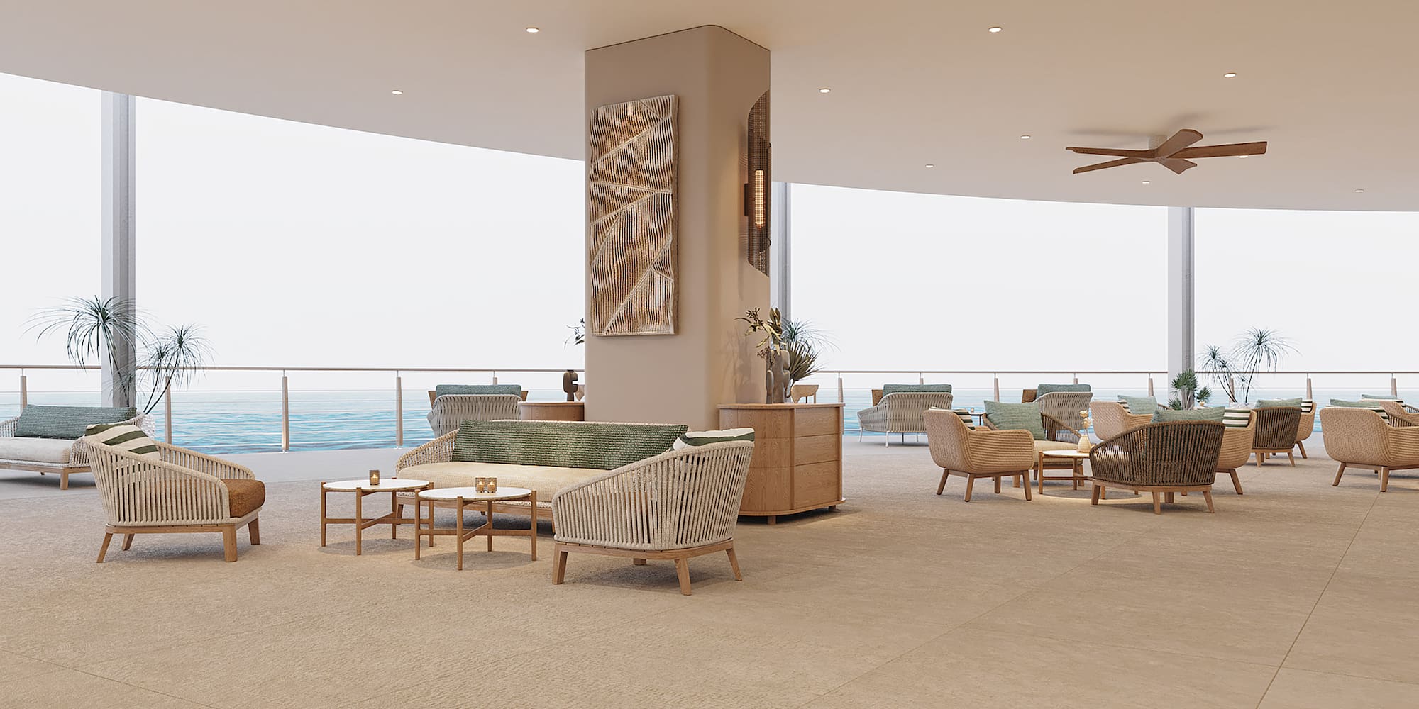 a large room with a large window overlooking the ocean