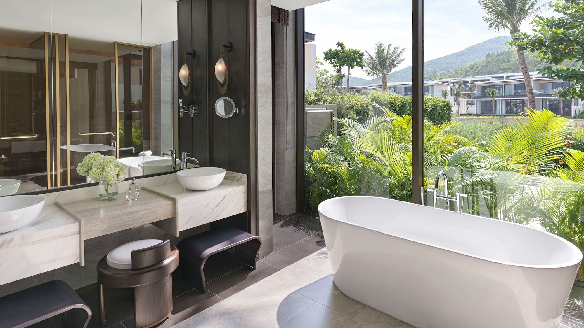 a bathroom with a tub and sink