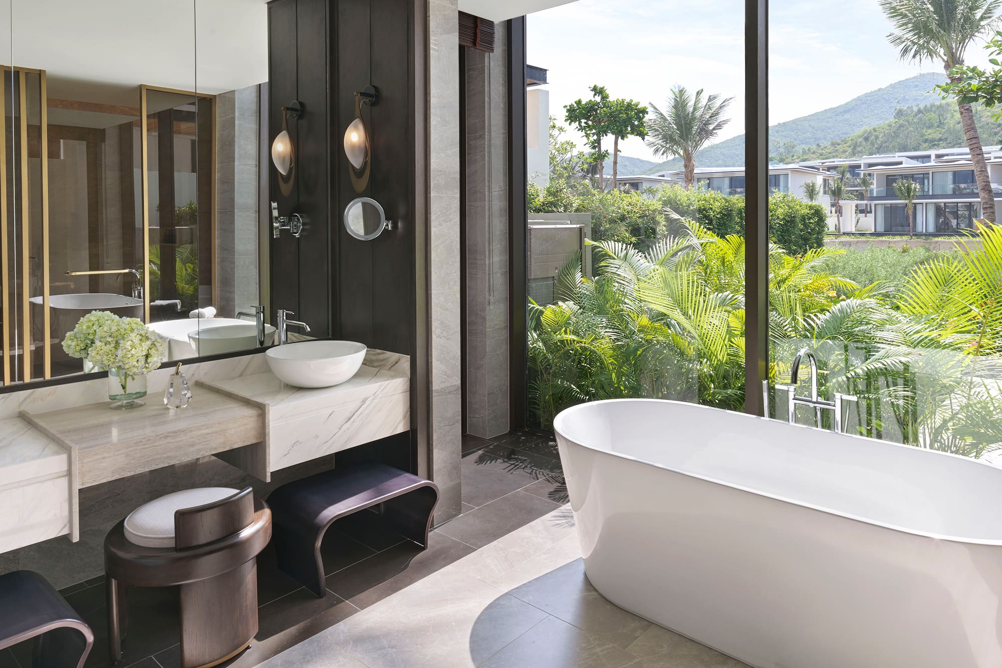 a bathroom with a tub and sink