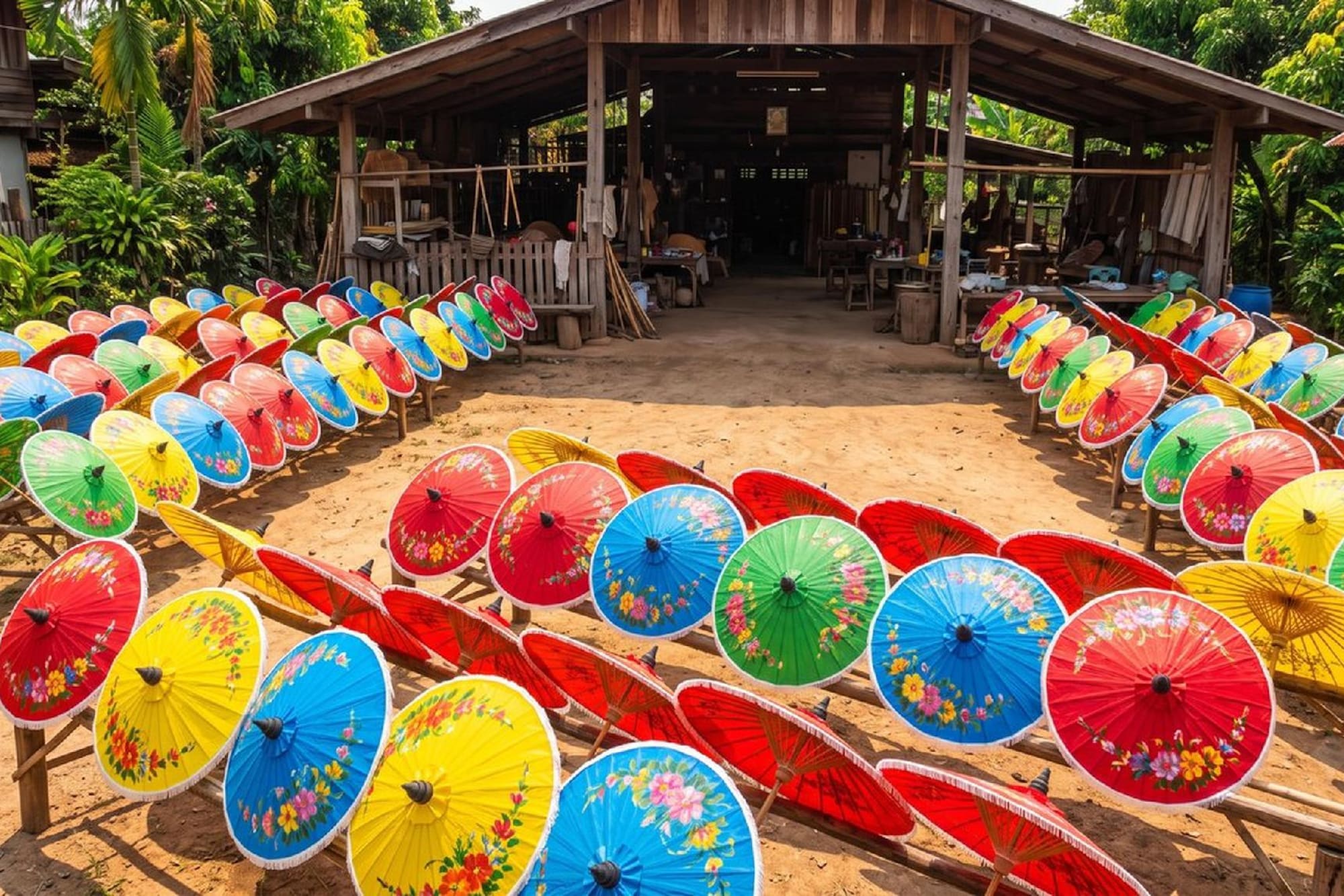 Vibrant Thai floral umbrellas drying on racks at a traditional craft workshop.
