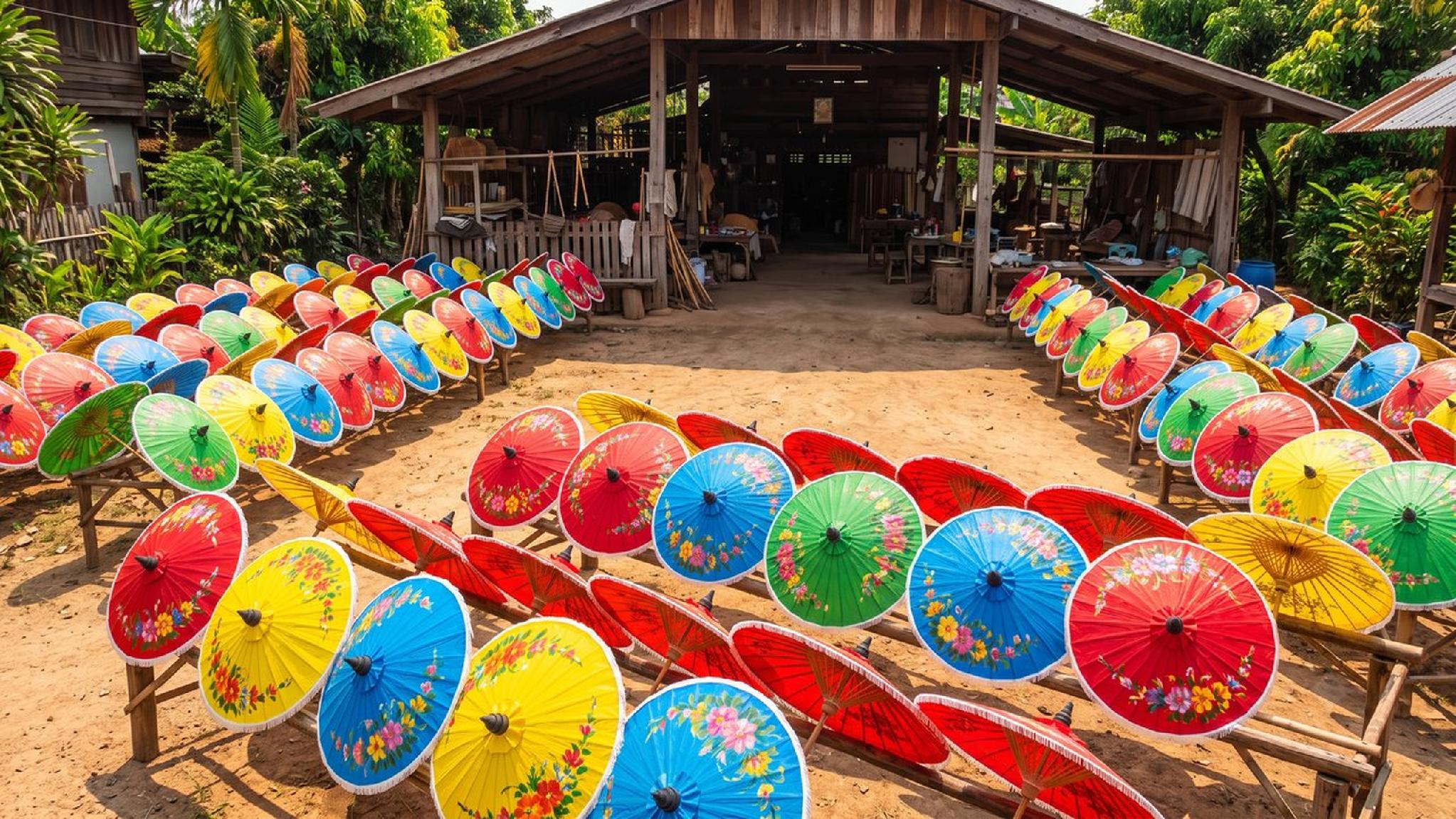 Vibrant Thai floral umbrellas drying on racks at a traditional craft workshop.