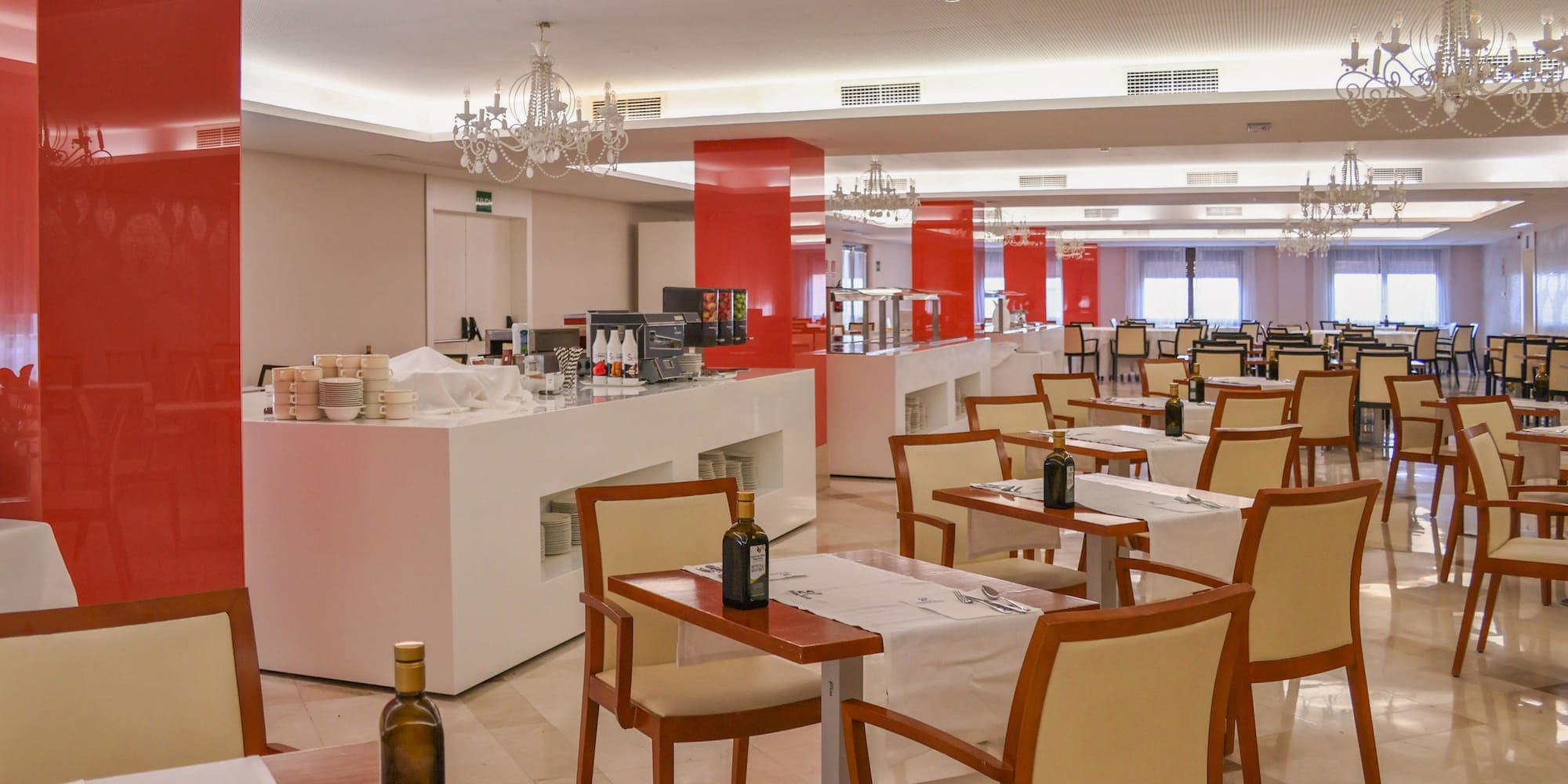 a room with tables and chairs