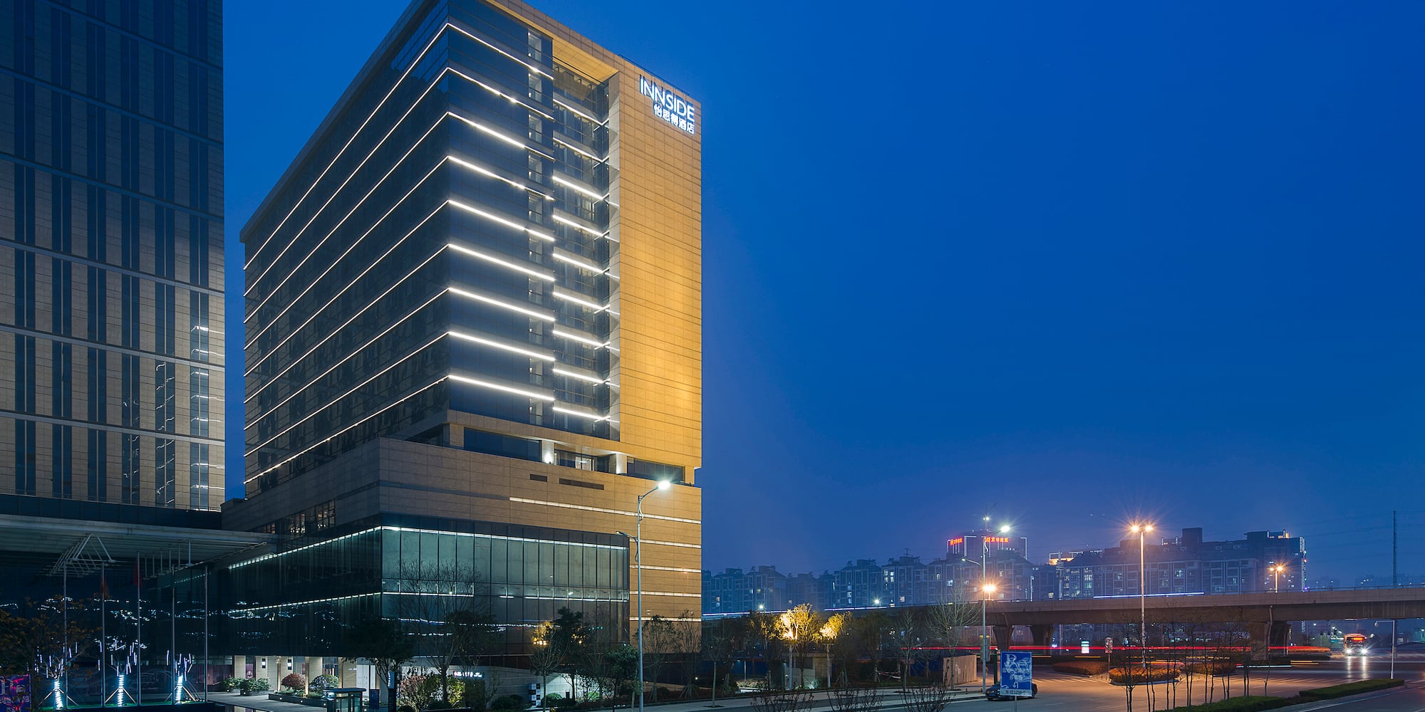 a building with lights on the side