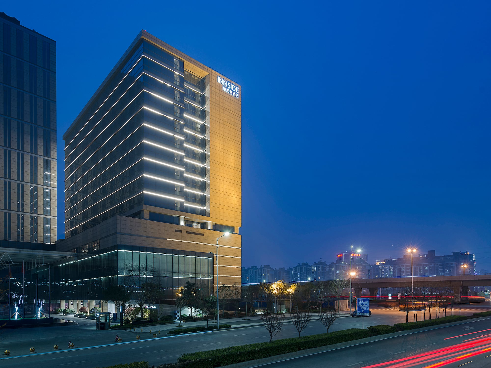 a building with lights on the side