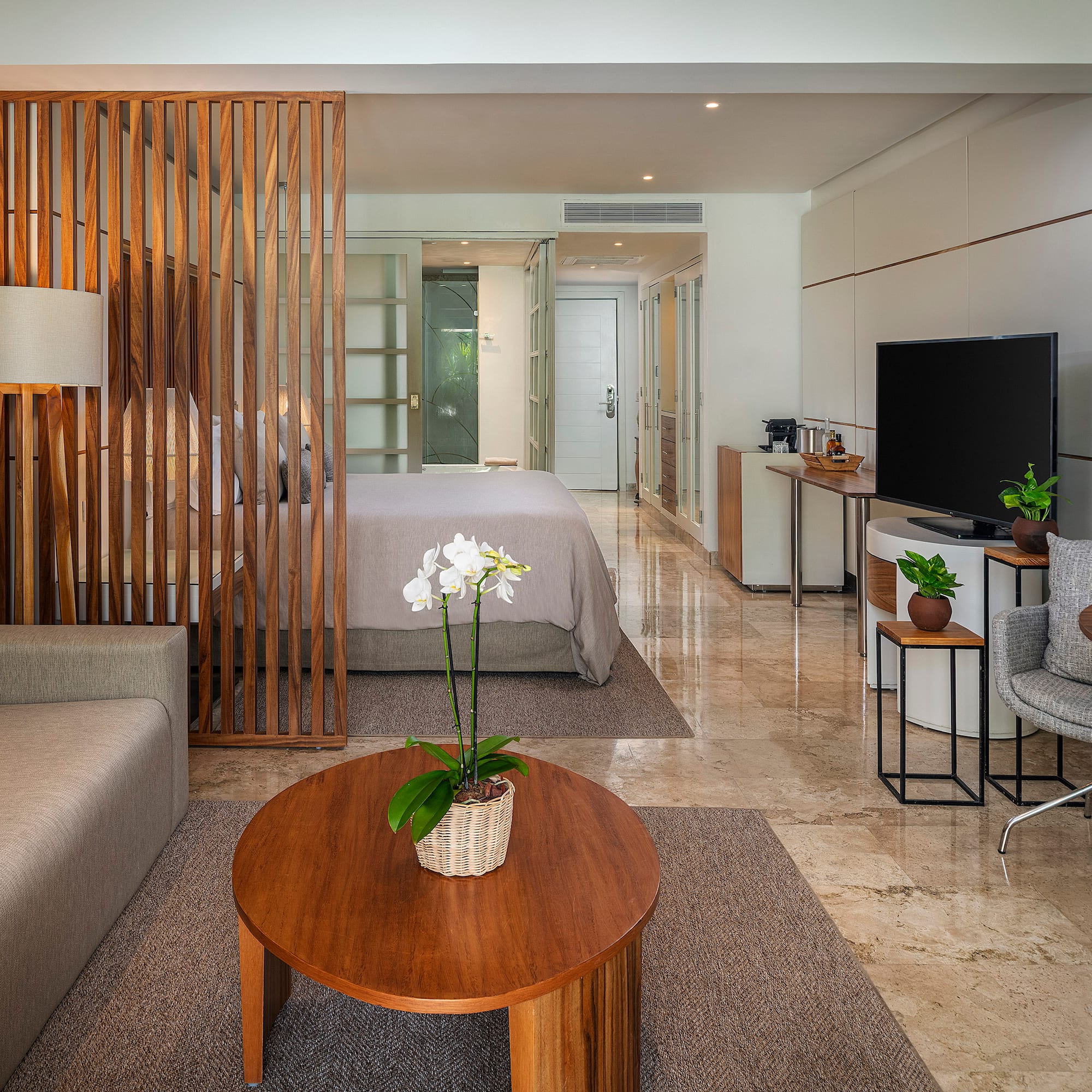 a room with a tv and a bed