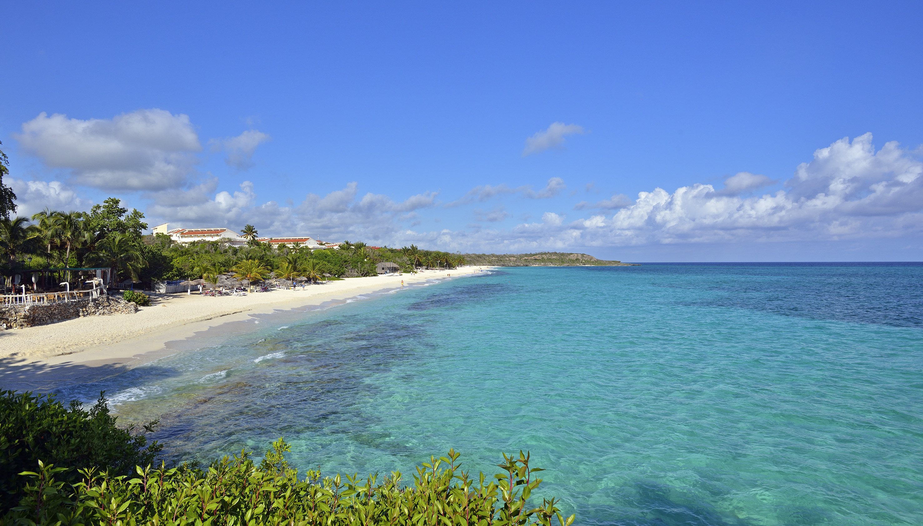 Tropical white sand beach, clear turquoise ocean, palm trees, and beachfront resort.