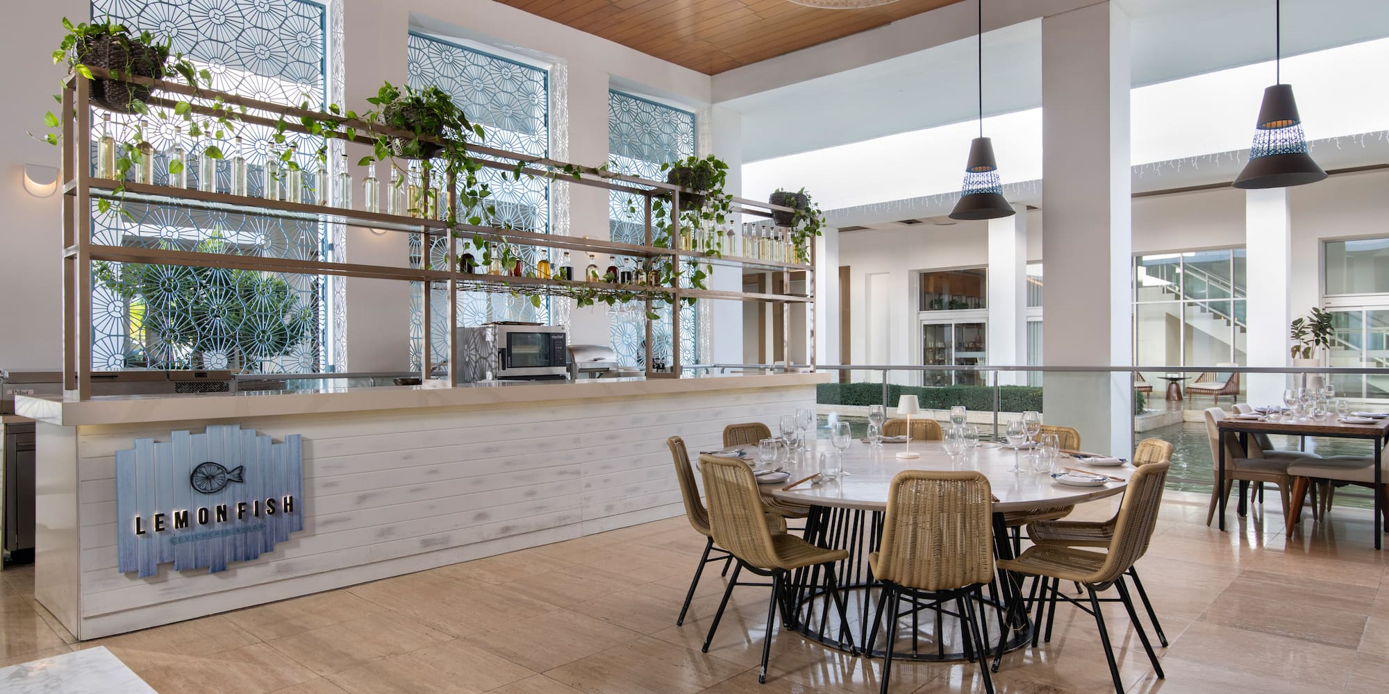 a room with a table and chairs