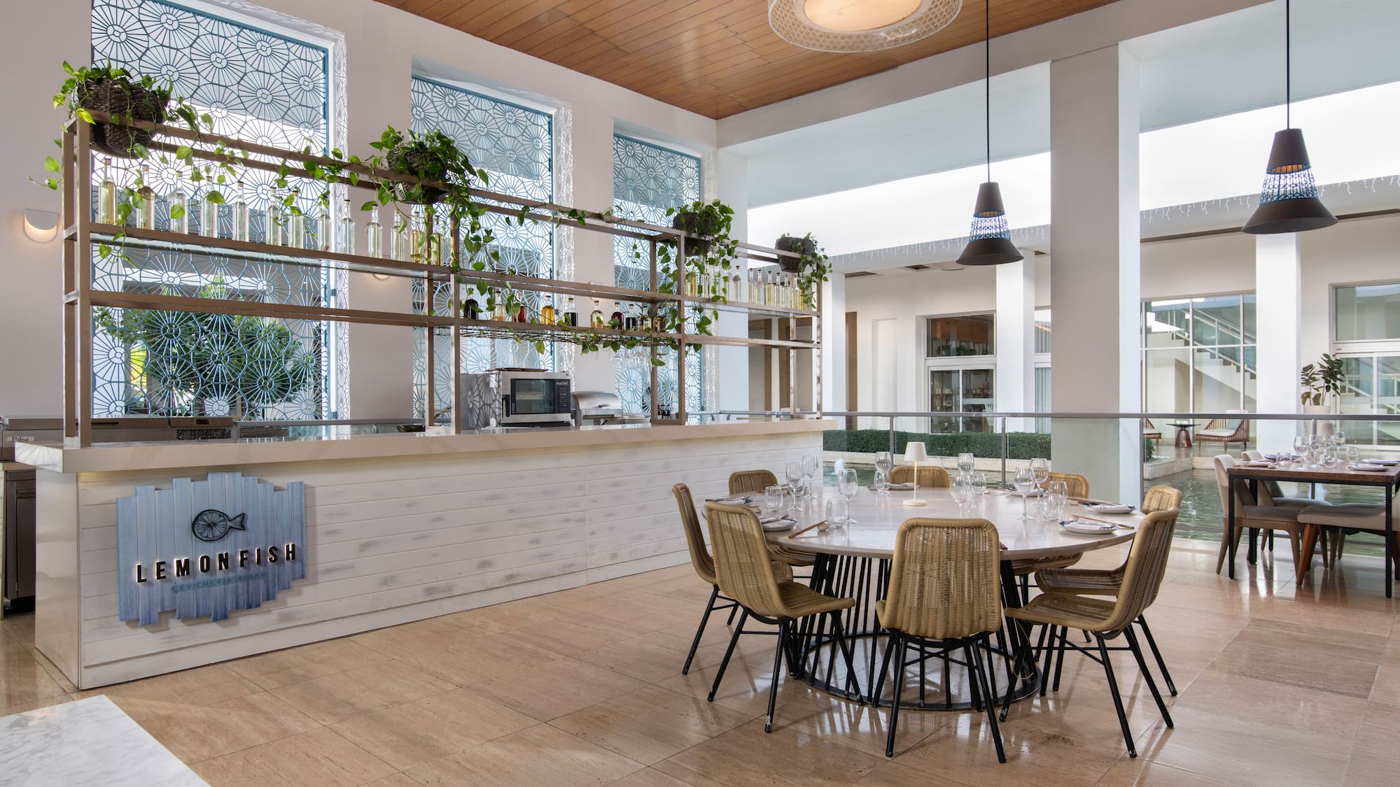 a room with a table and chairs