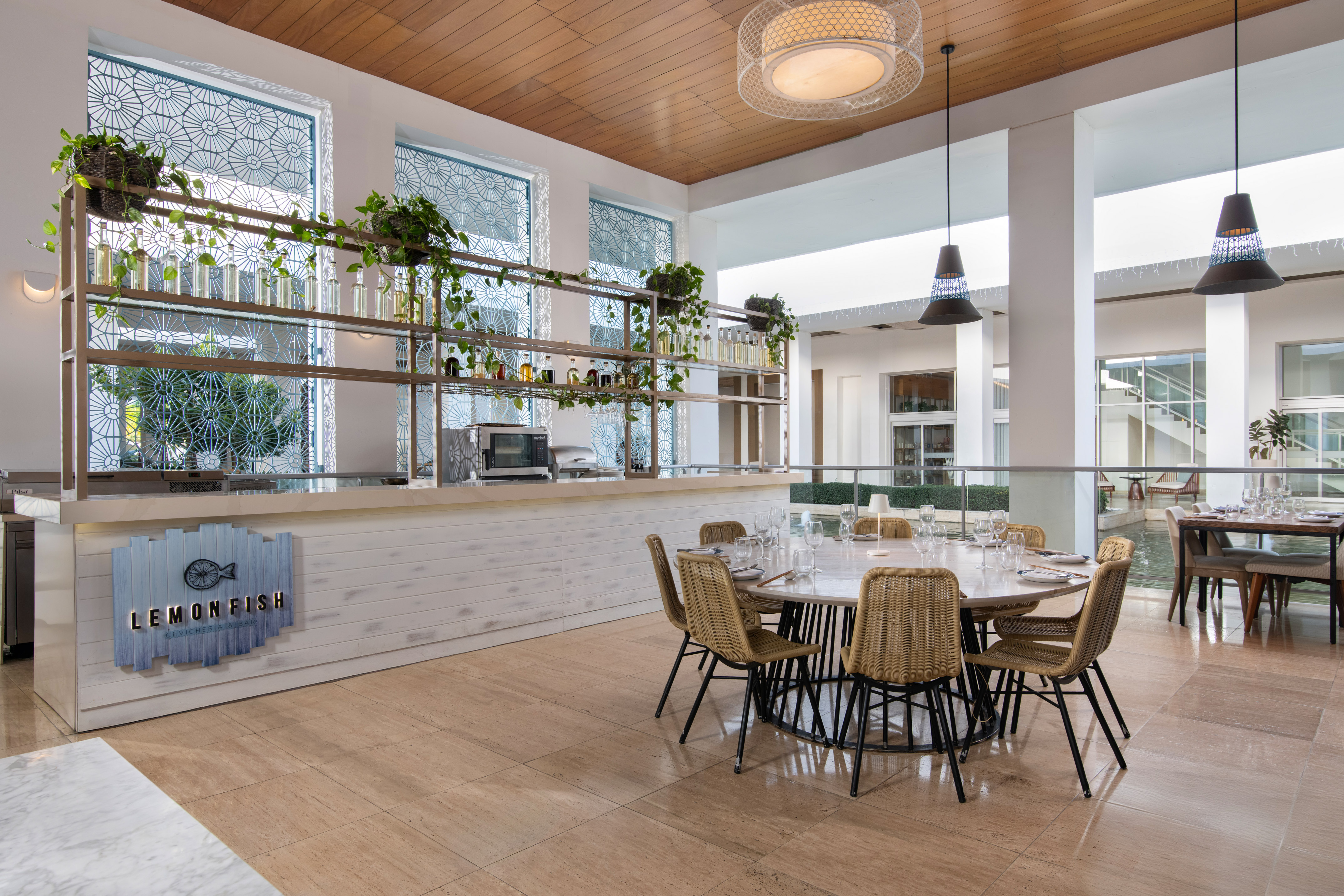 a room with a table and chairs