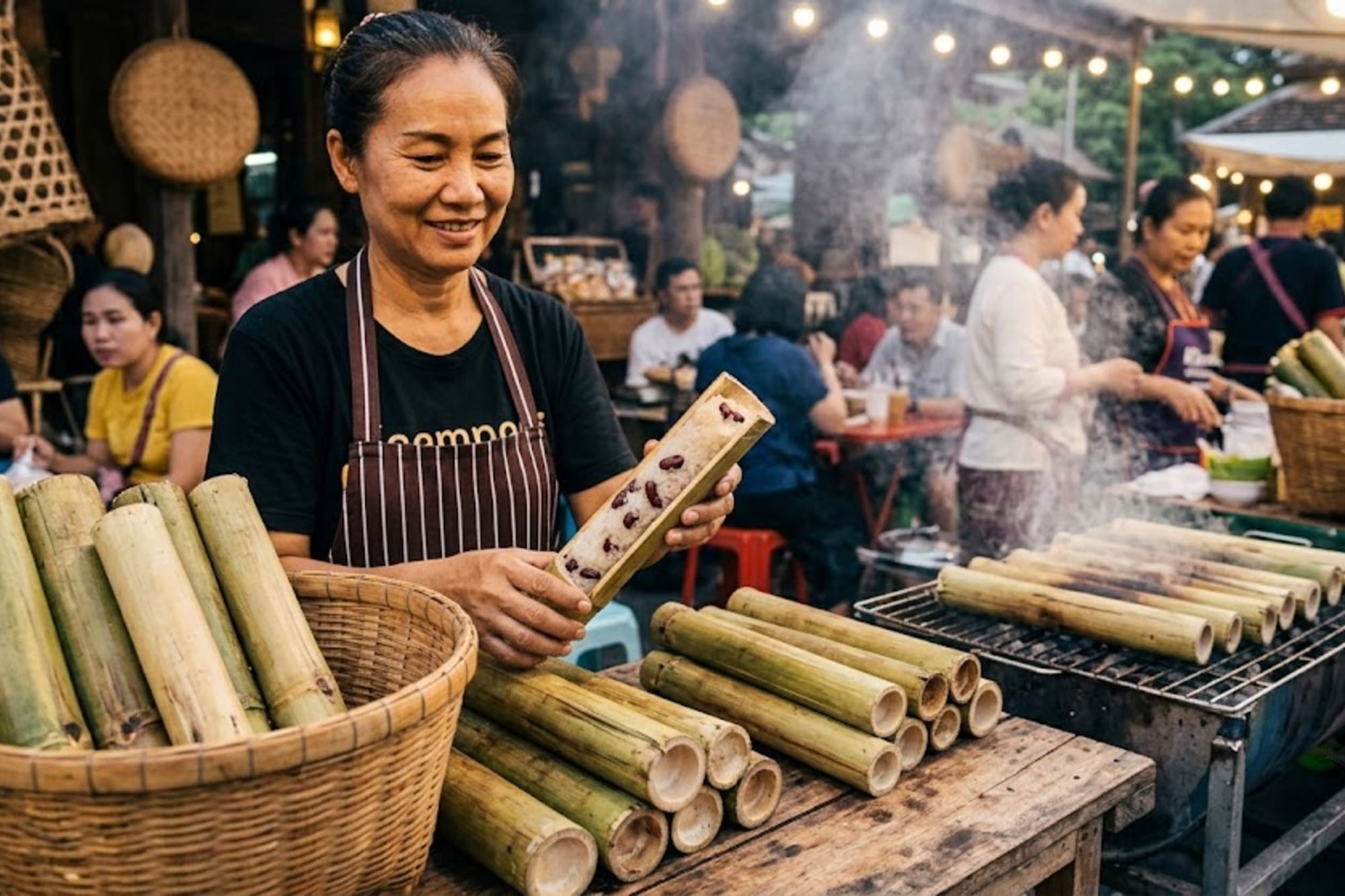 Smiling woman sells grilled sticky rice in bamboo at an Asian night market.