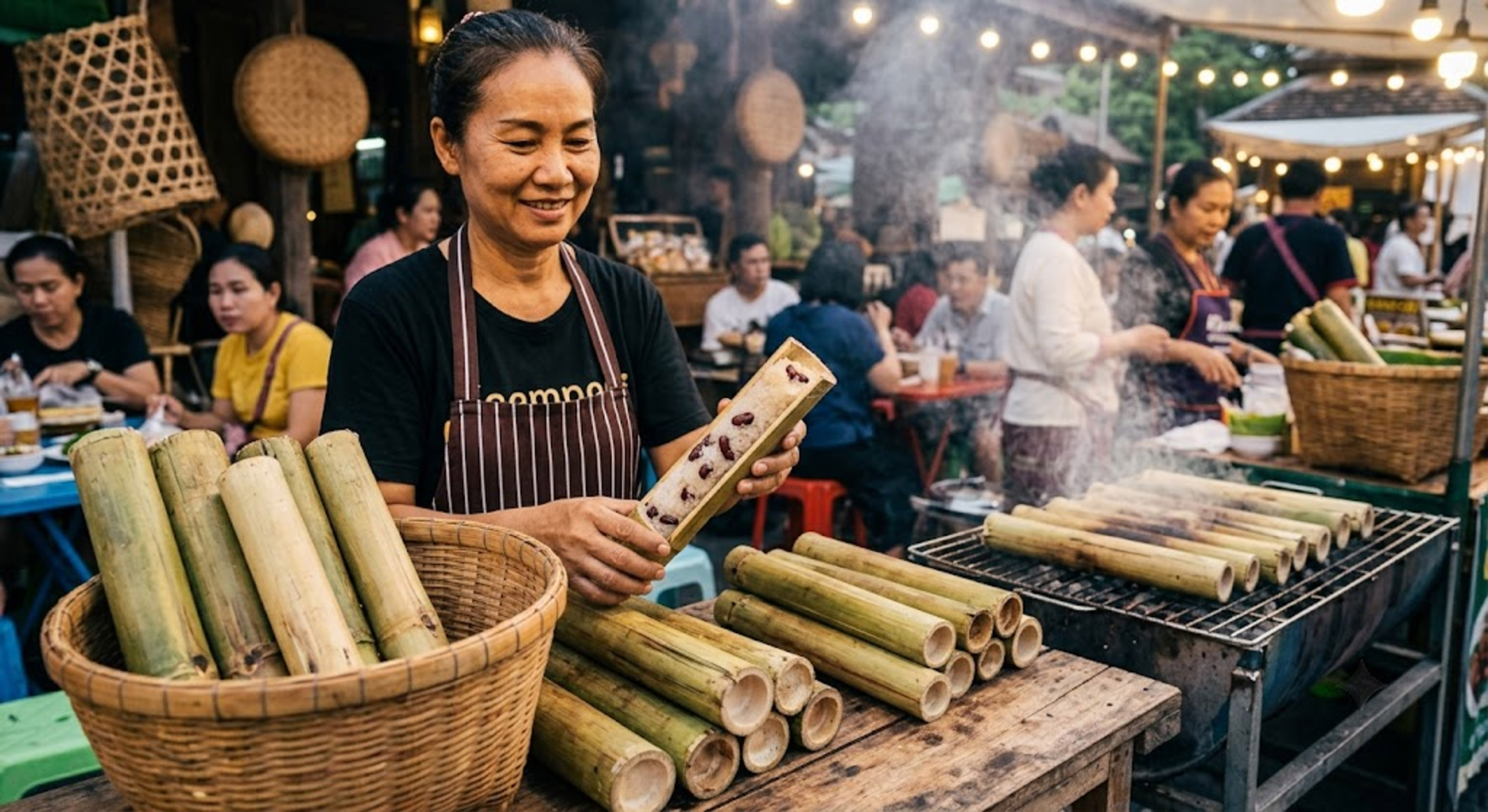 Smiling woman sells grilled sticky rice in bamboo at an Asian night market.