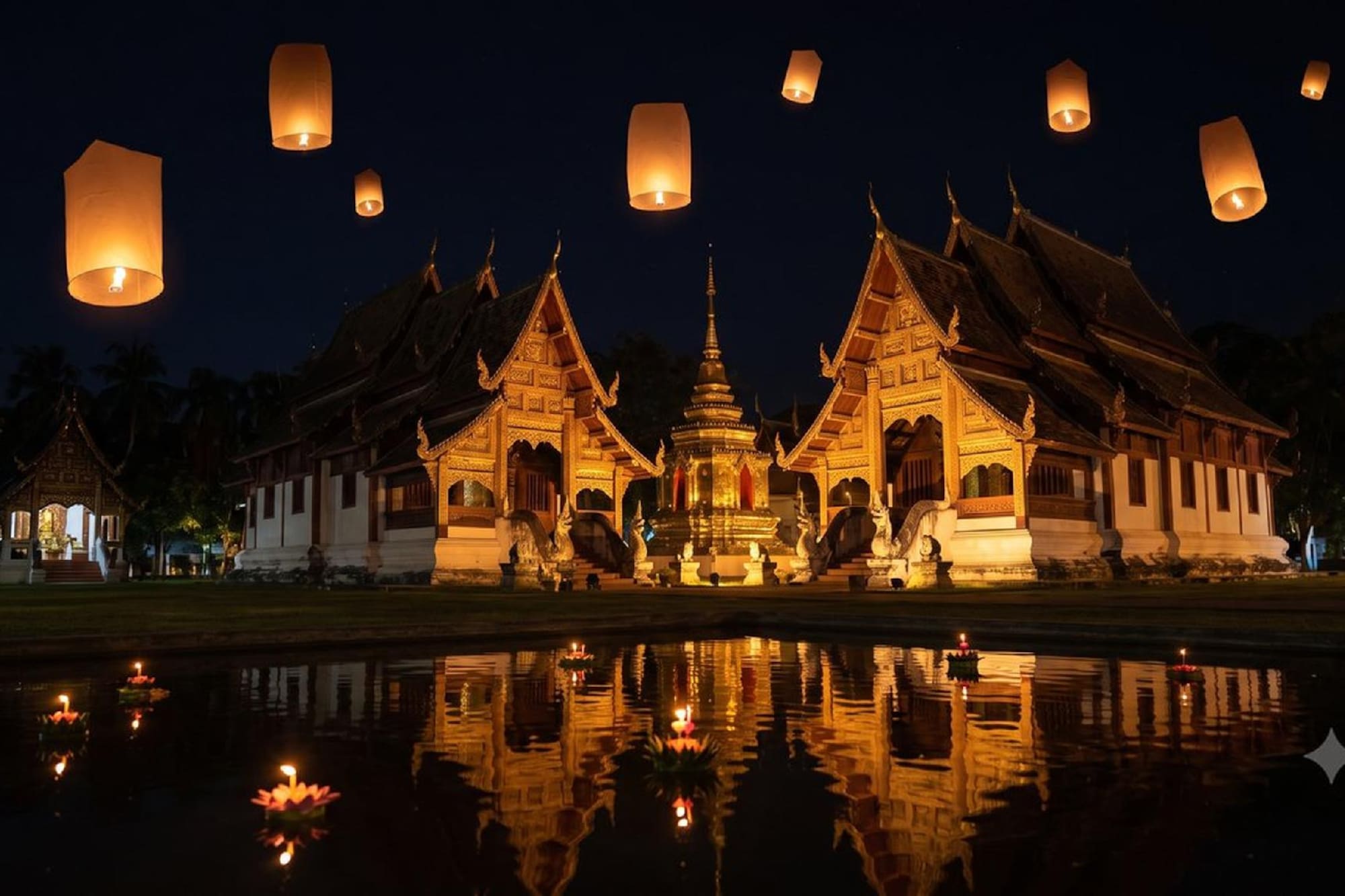 Golden Thai temple at night, sky lanterns, Krathong, reflections on water.