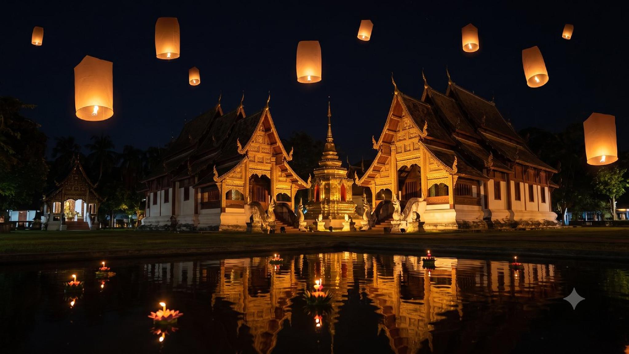 Golden Thai temple at night, sky lanterns, Krathong, reflections on water.