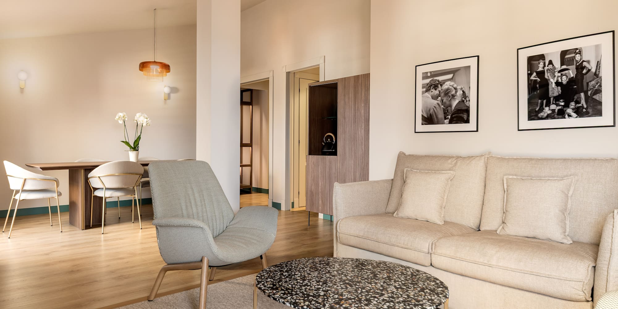 a living room with a couch and a table