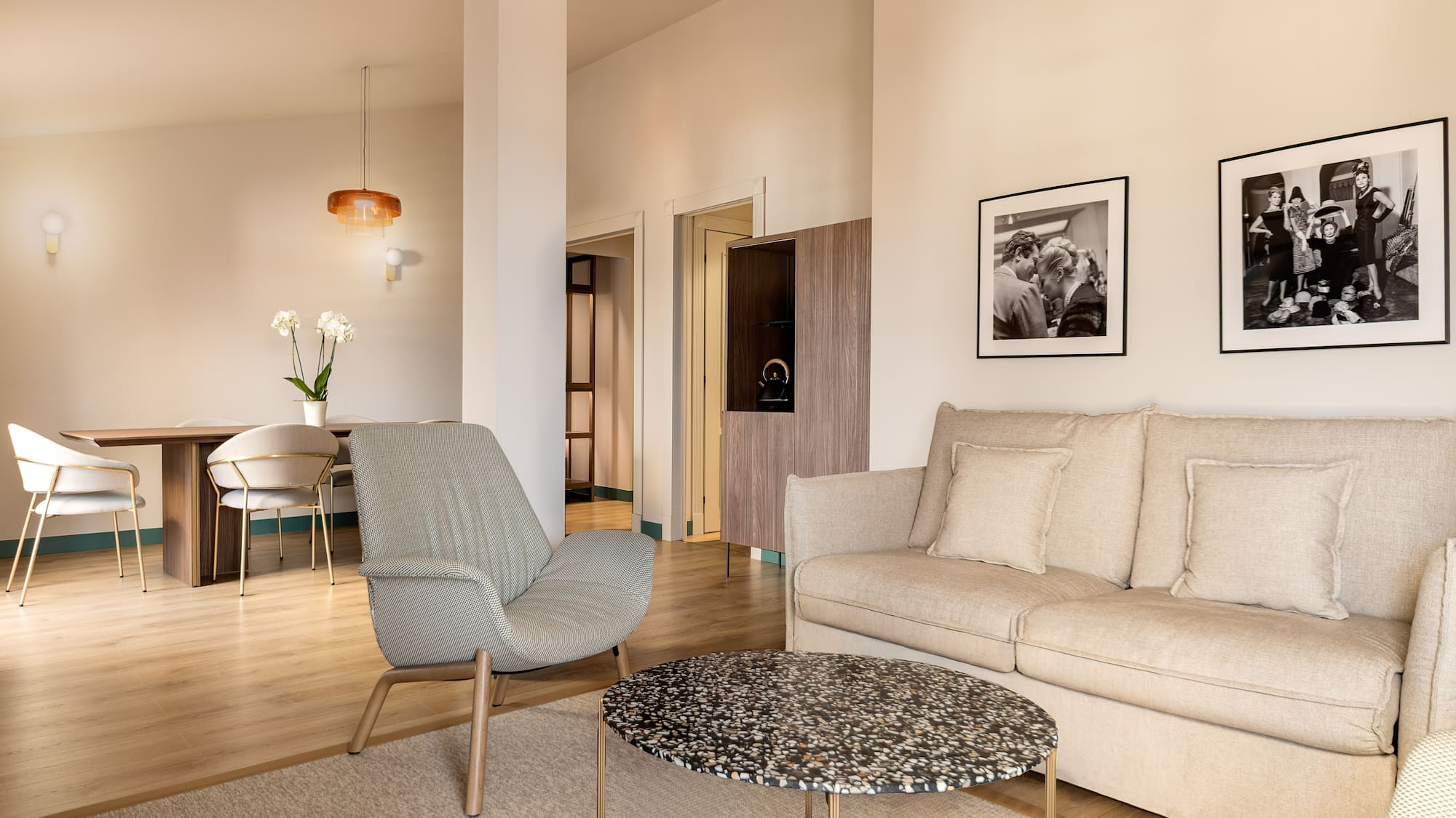 a living room with a couch and a table