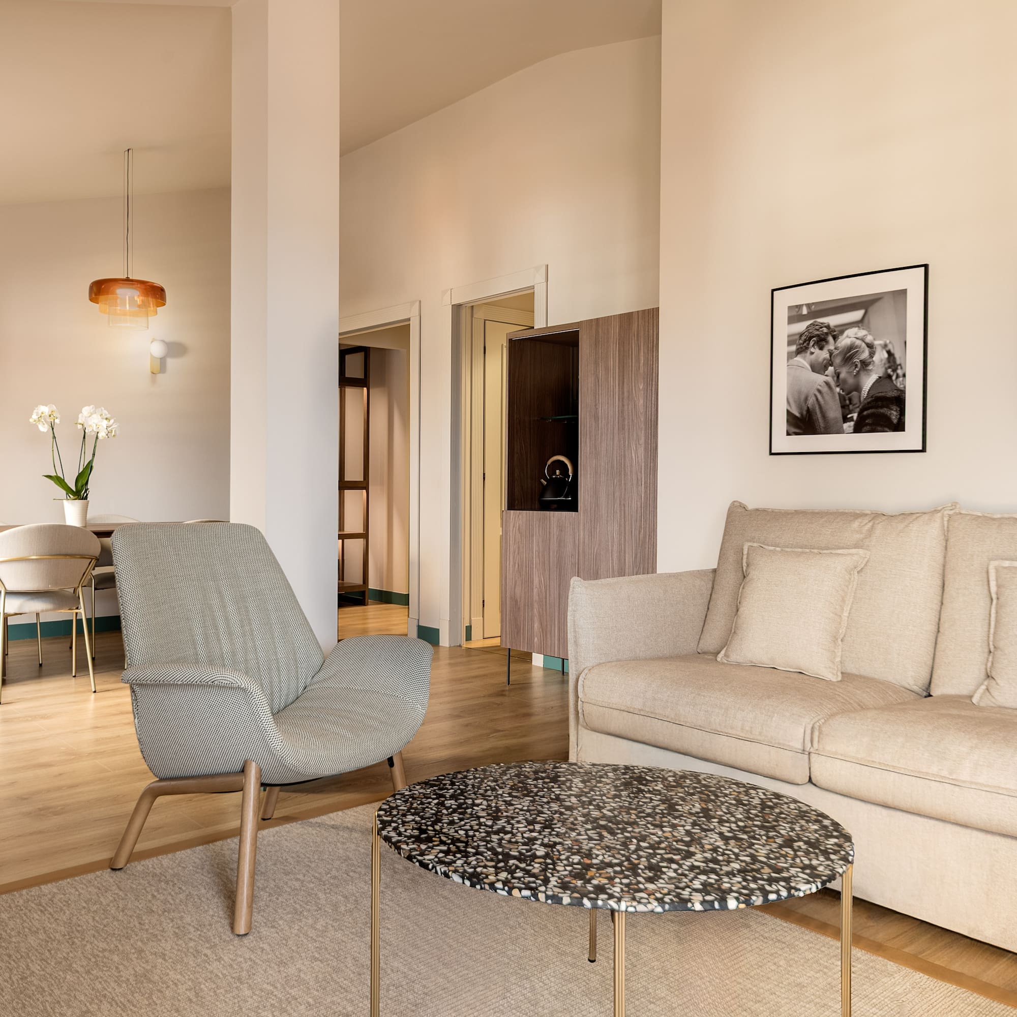 a living room with a couch and a table