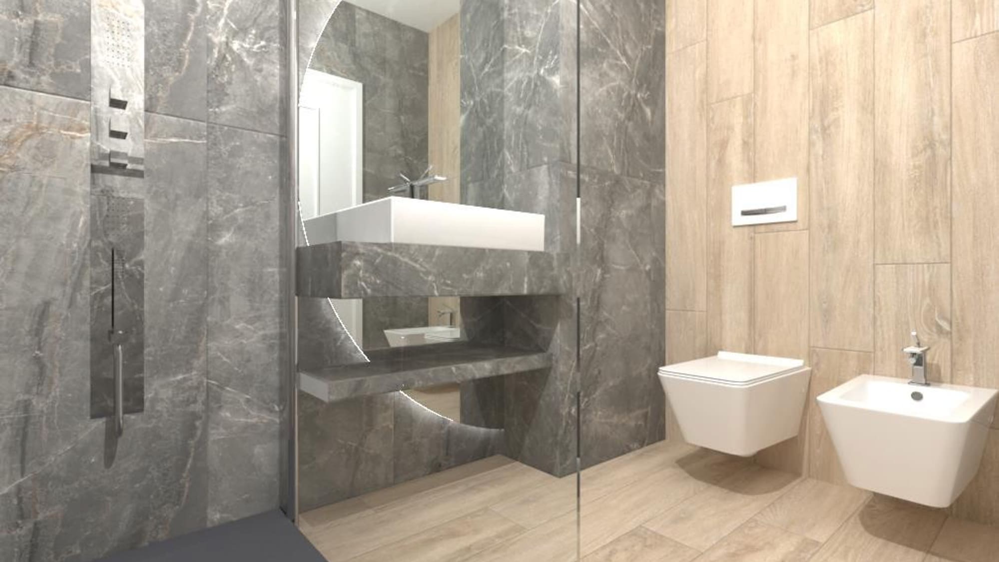 a bathroom with a mirror and a sink