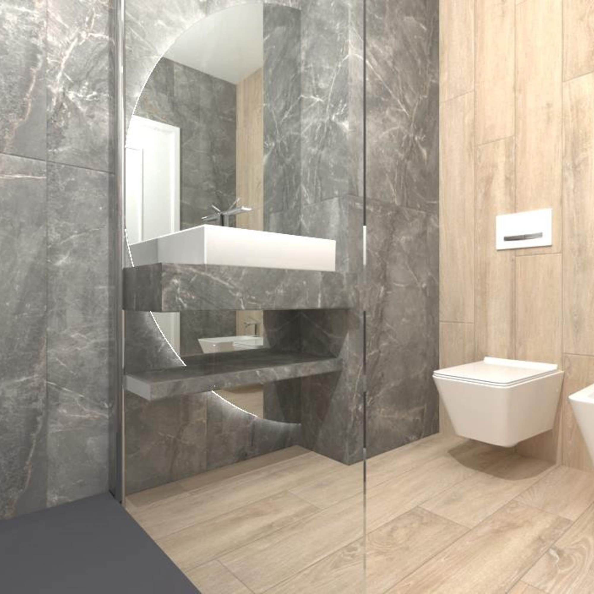 a bathroom with a mirror and a sink