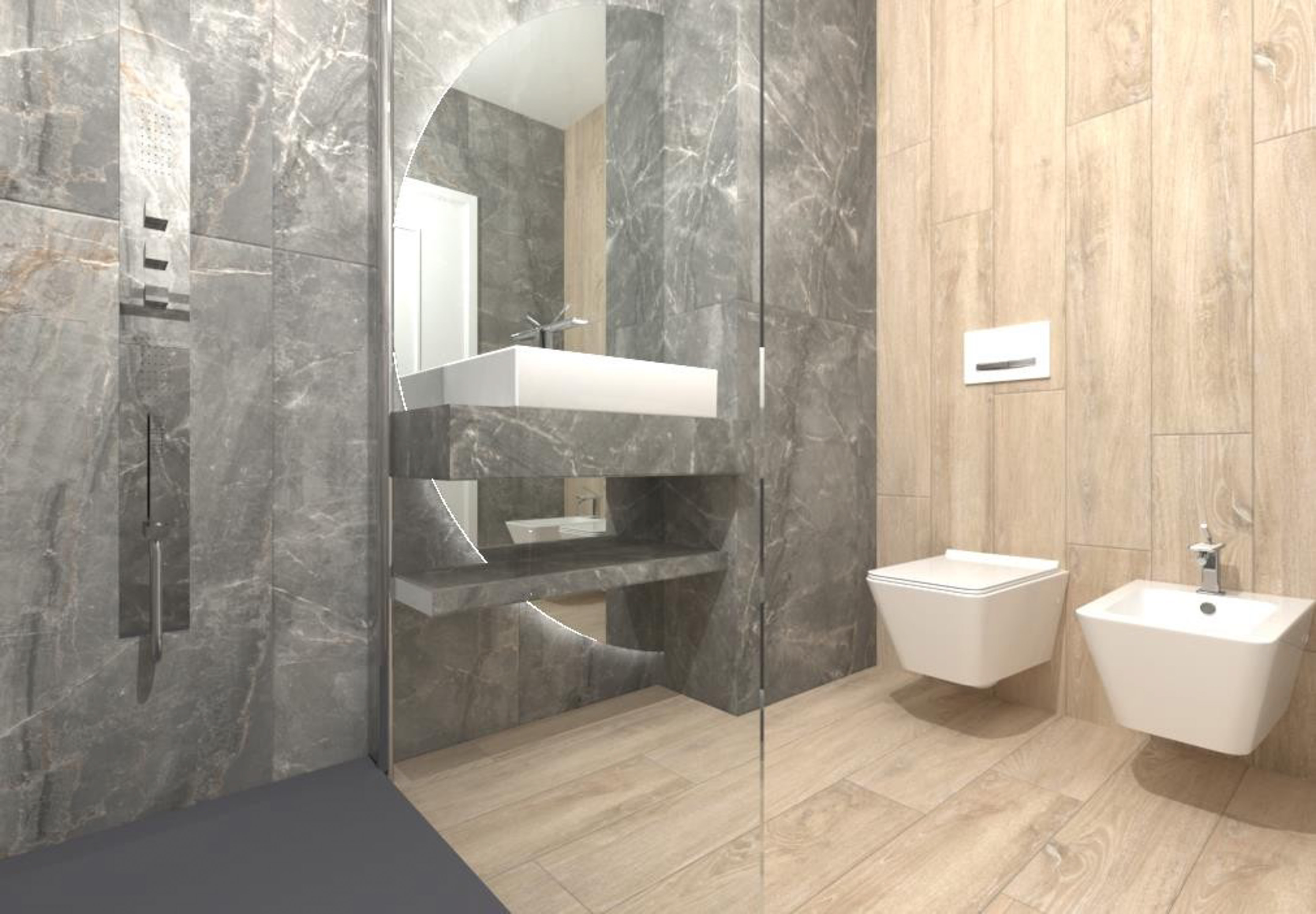 a bathroom with a mirror and a sink