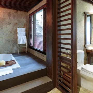 a bathroom with a tub and a toilet