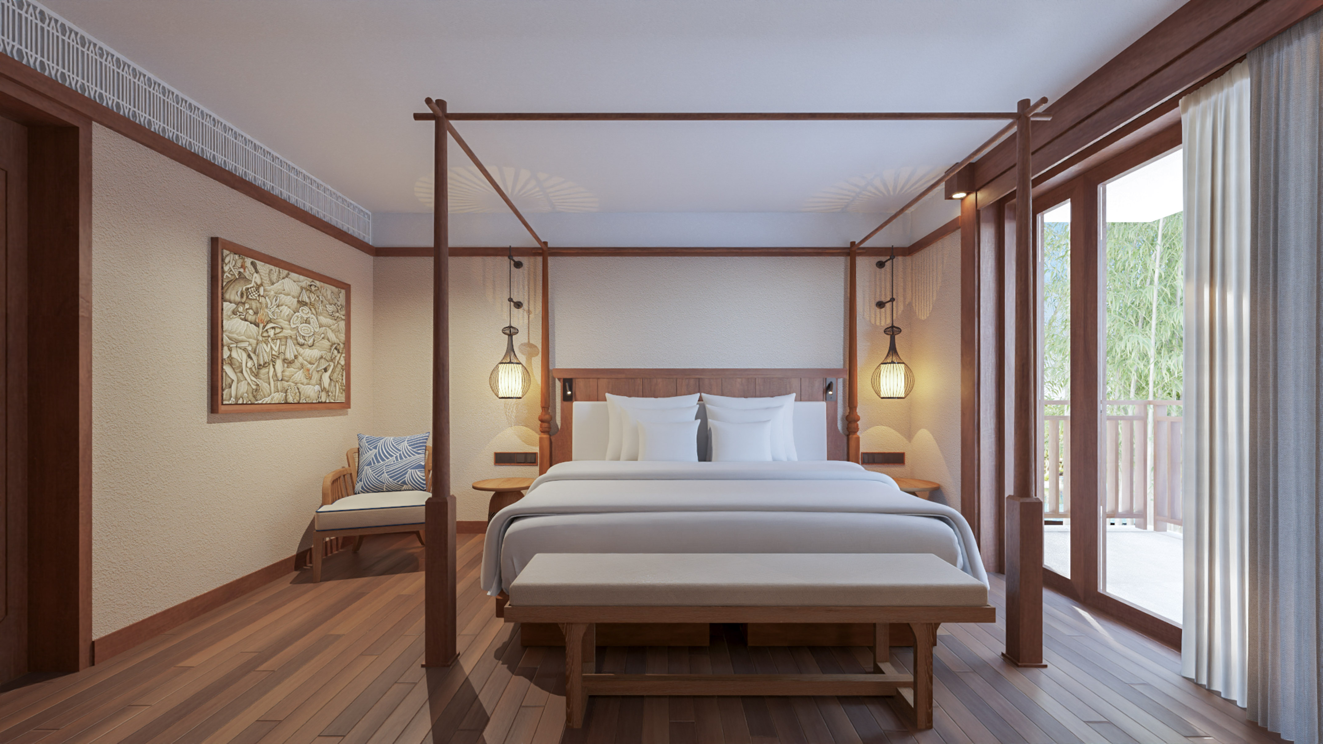 a bed with a four poster bed