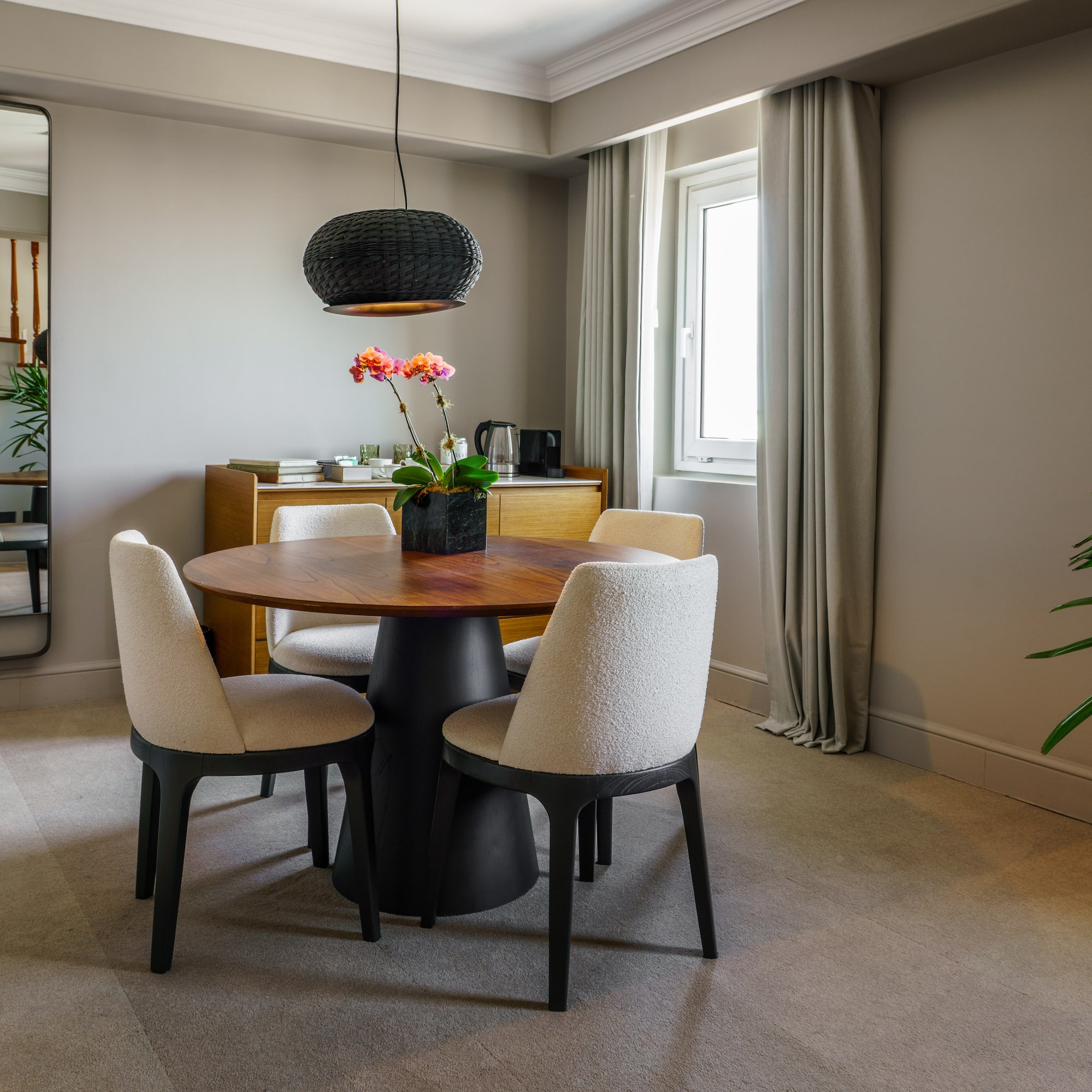 a dining table with chairs and a plant in a room