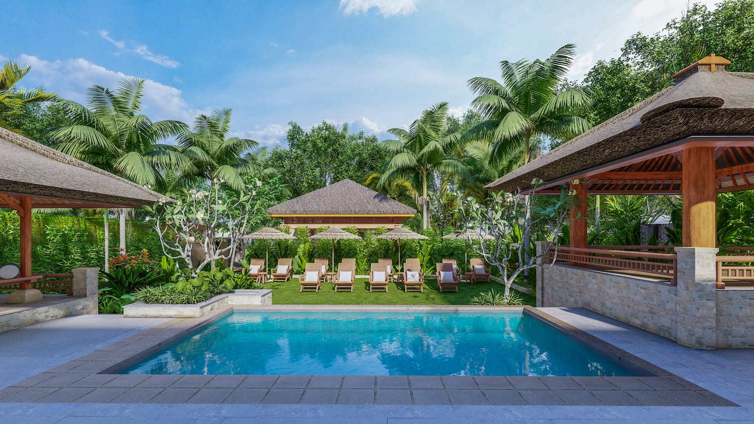 a pool with lounge chairs and a gazebo in the background