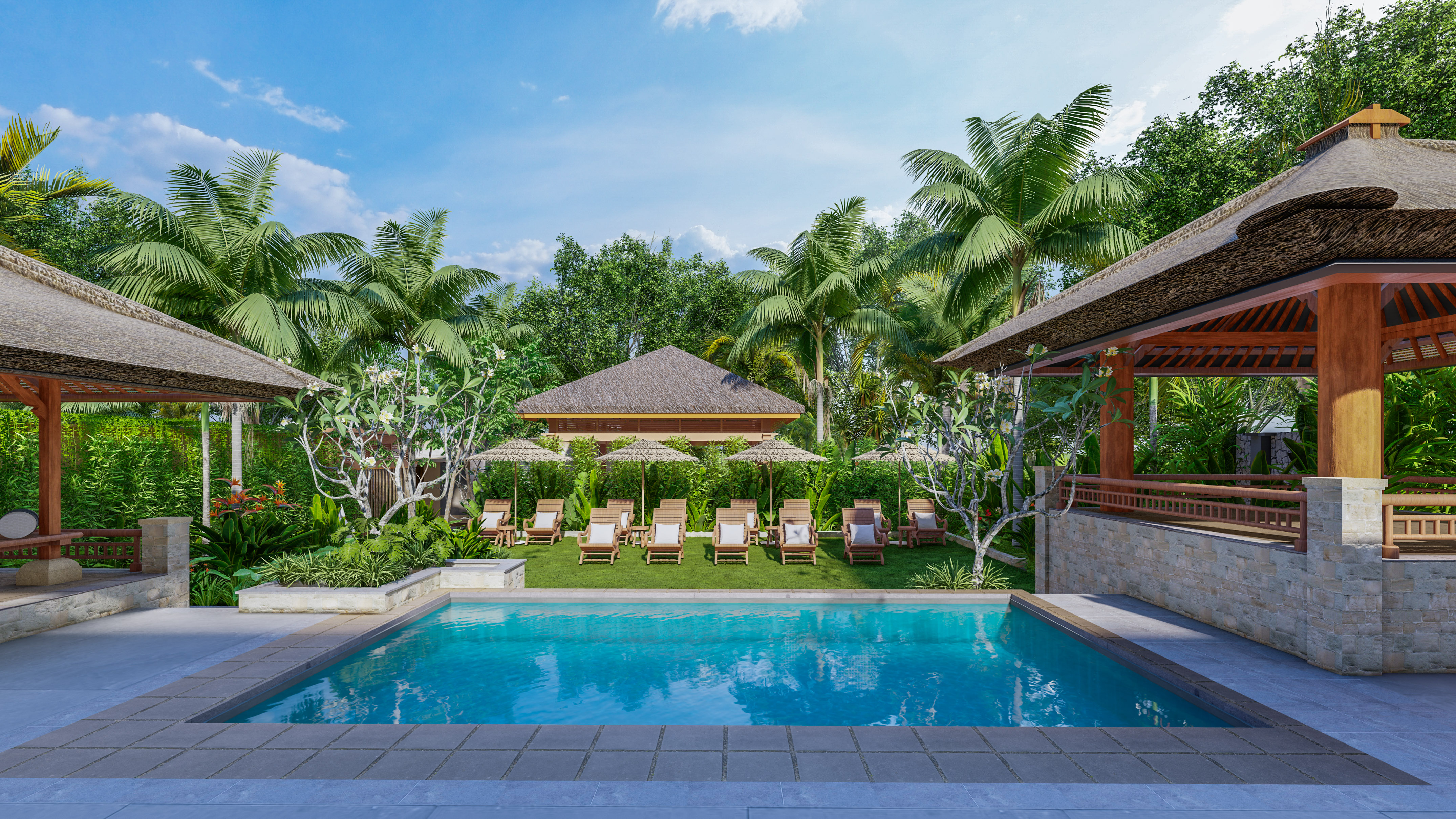 a pool with lounge chairs and a gazebo in the background