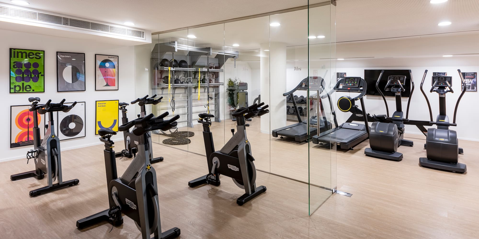 Gimnasio moderno con bicicletas estáticas, cintas de correr y pesas.