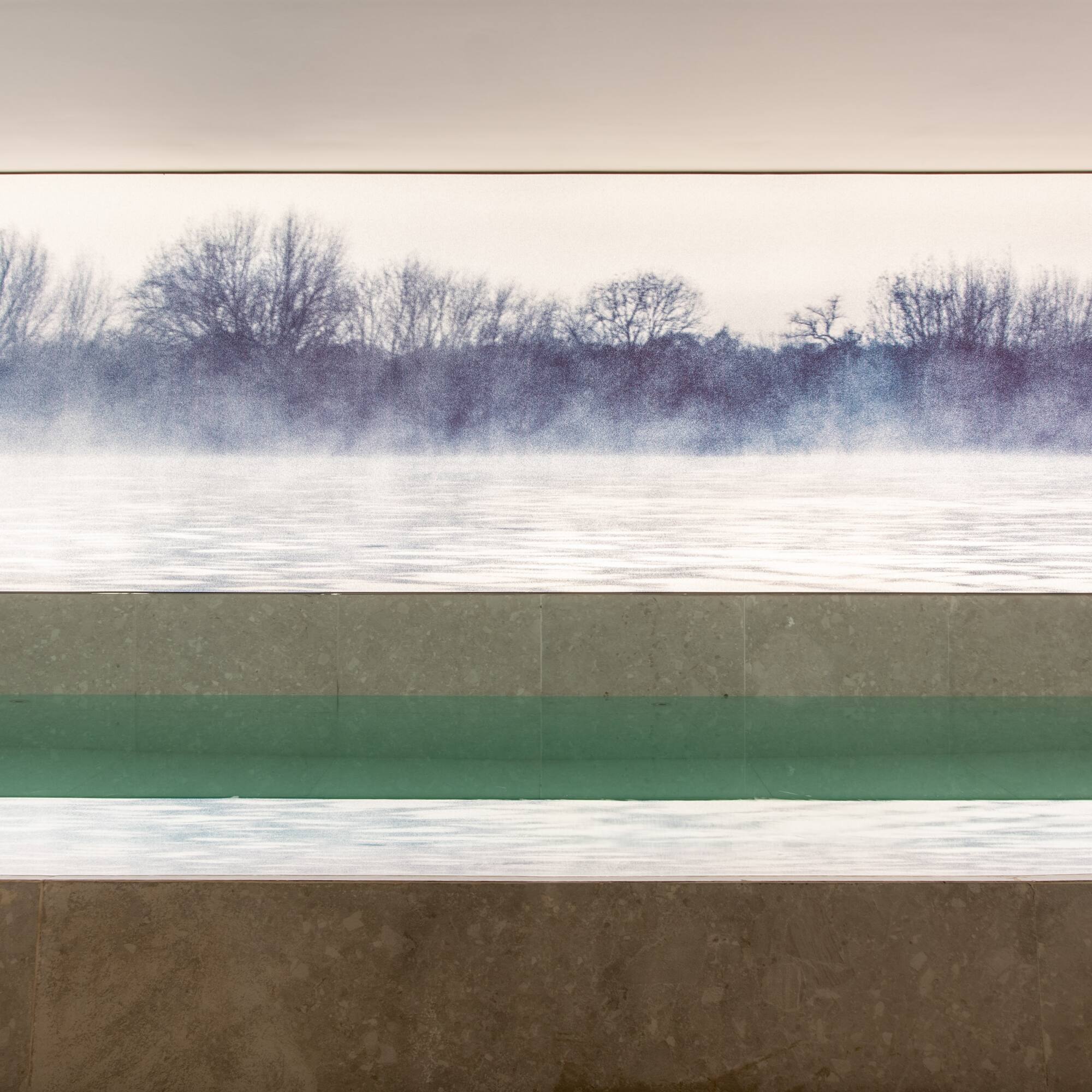 a pool with a view of a lake and trees
