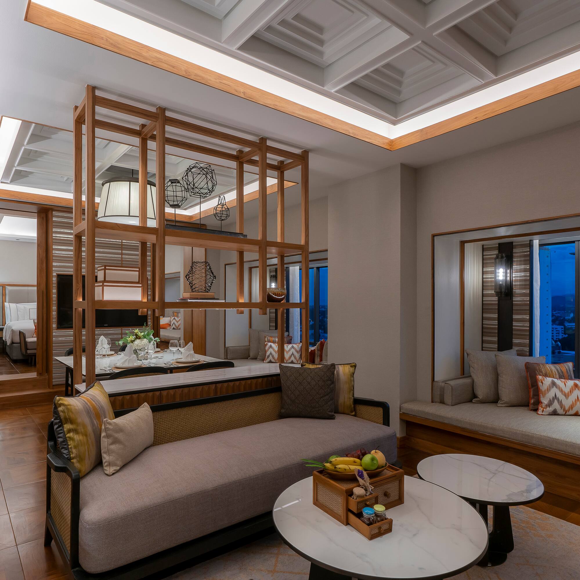 a room with a couch and a table