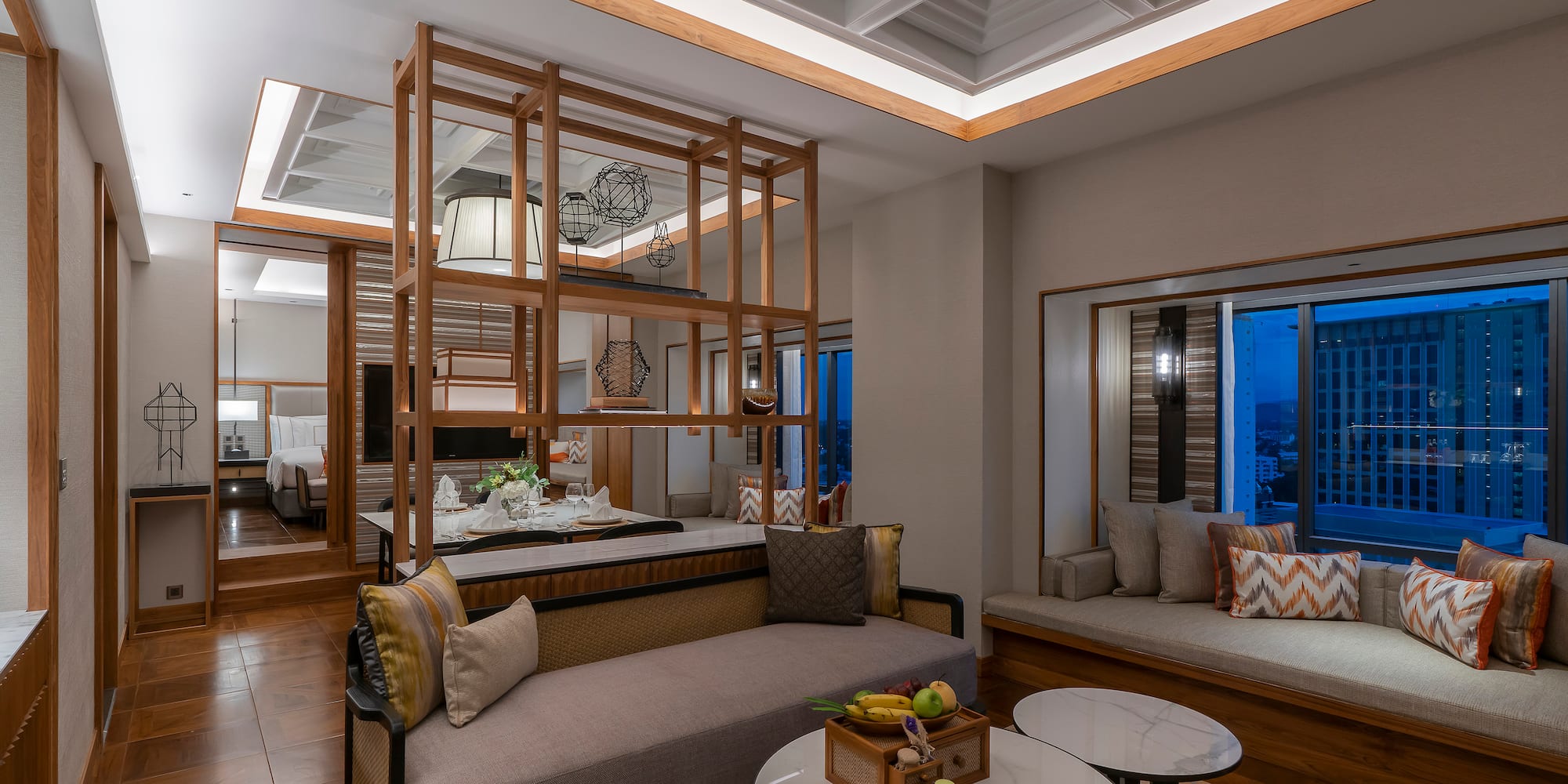 a room with a couch and a table