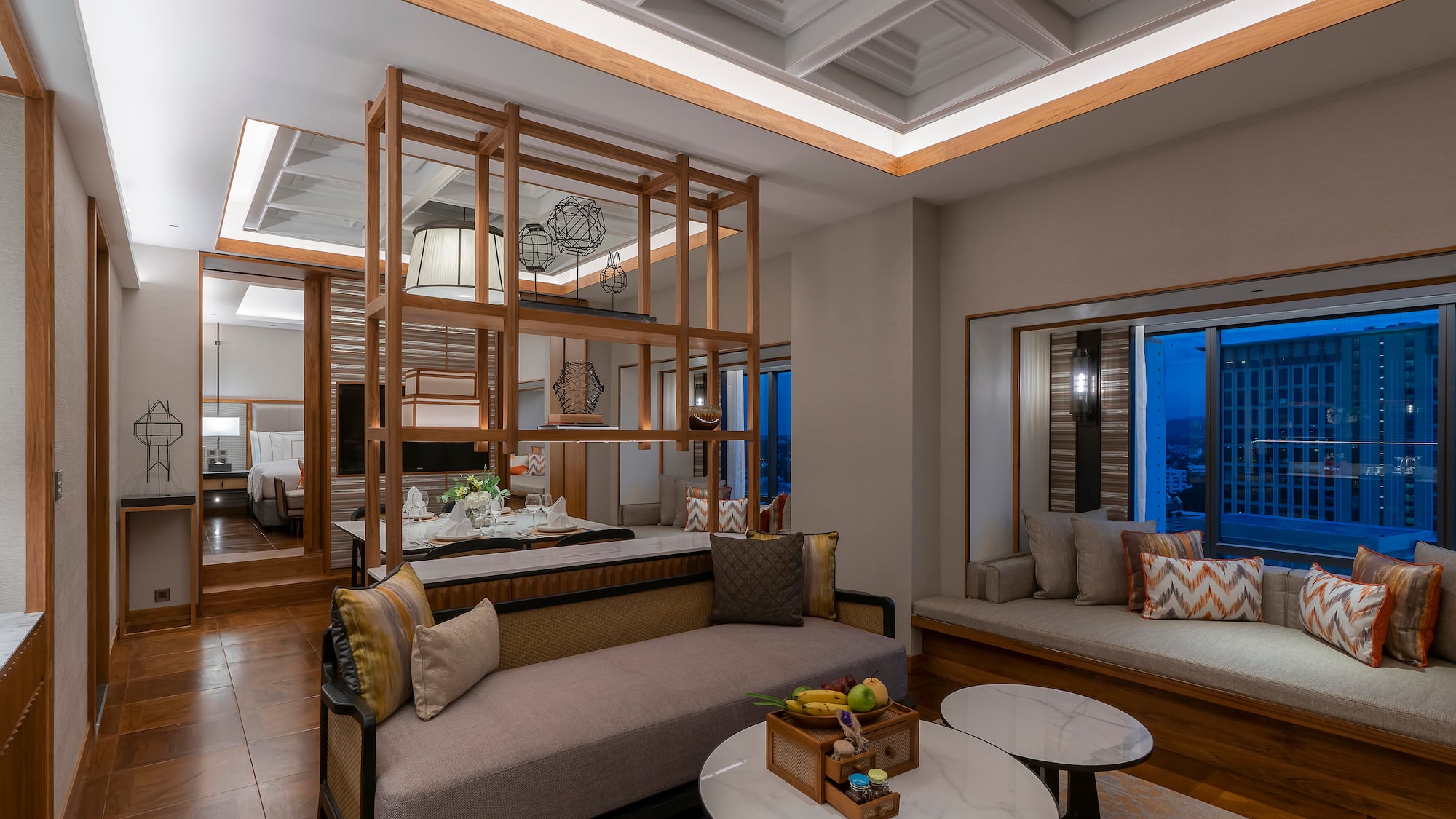 a room with a couch and a table