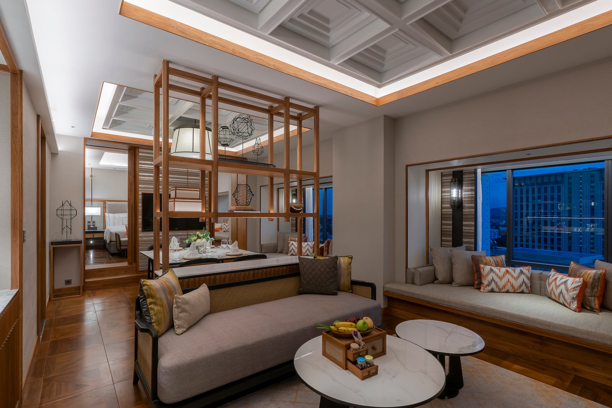 a room with a couch and a table