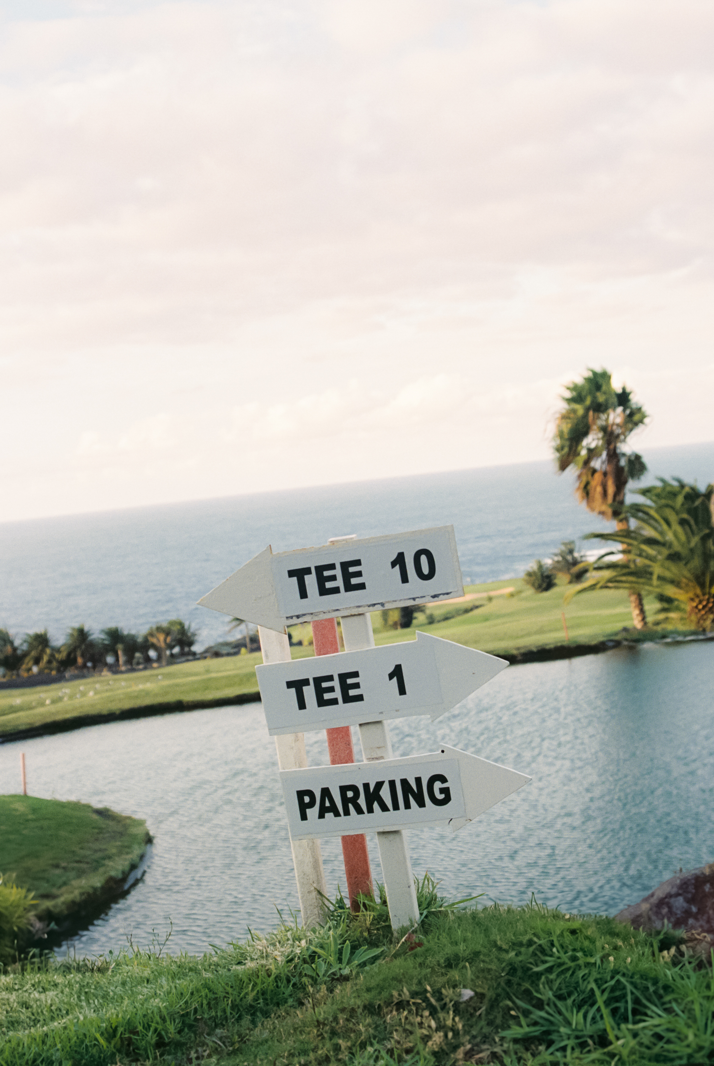 Golf course sign: Tee 10, Tee 1, Parking, with water and palm trees.