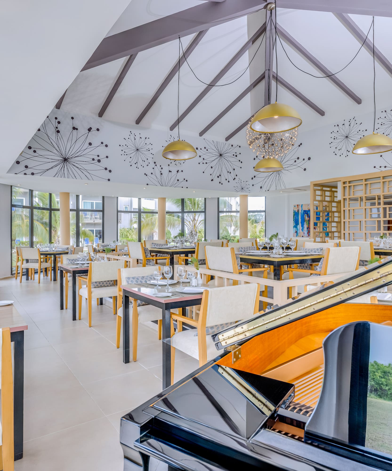 a room with tables and chairs