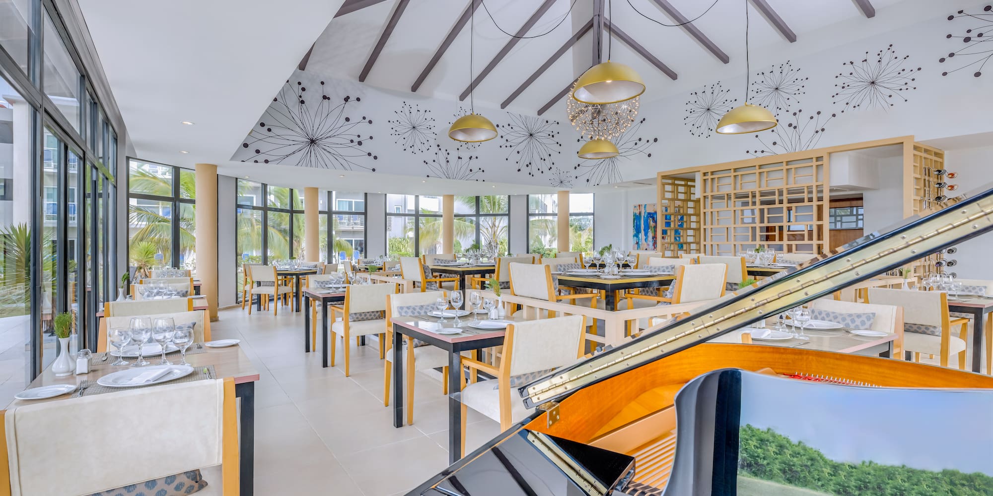 a room with tables and chairs