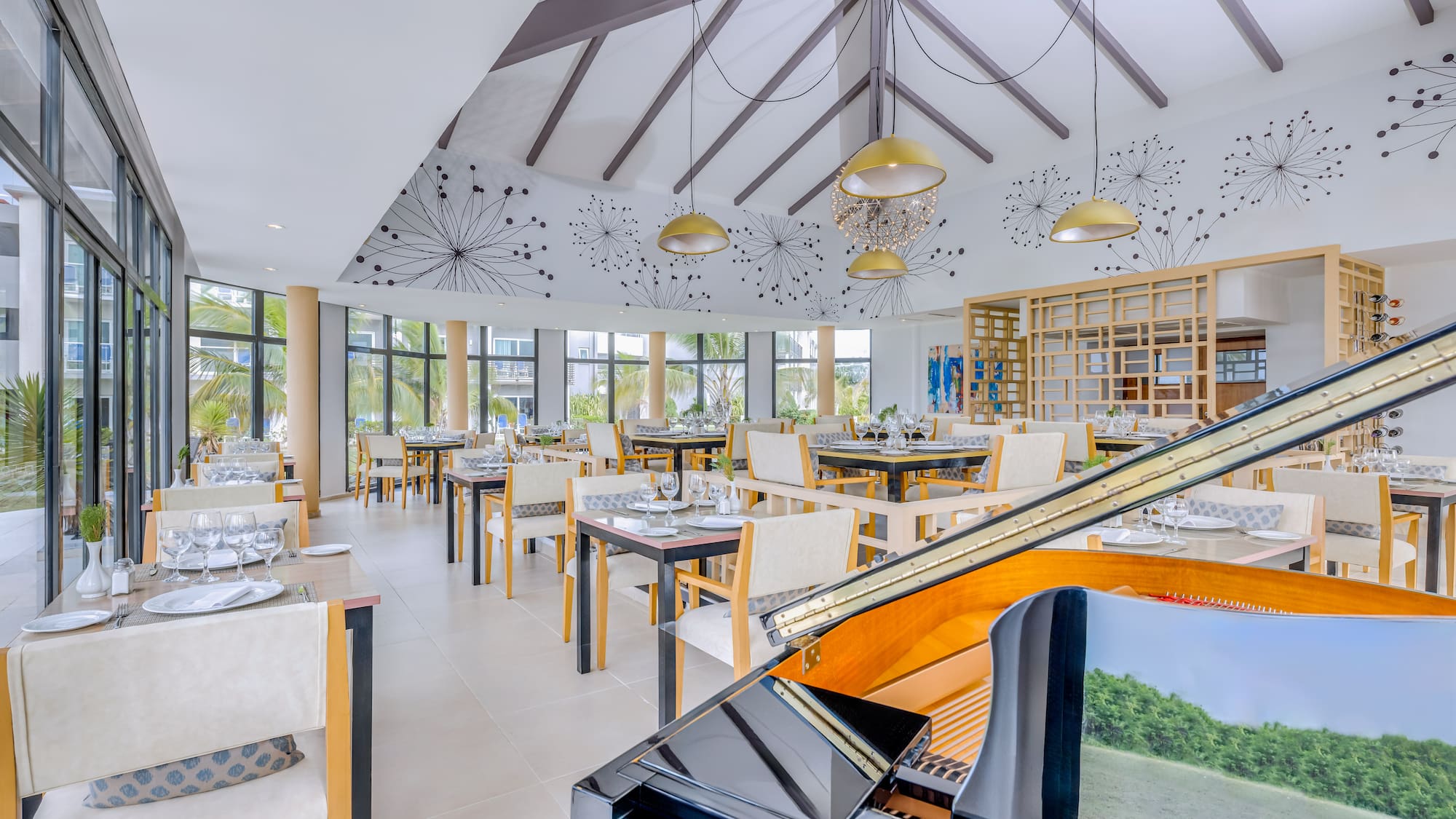 a room with tables and chairs