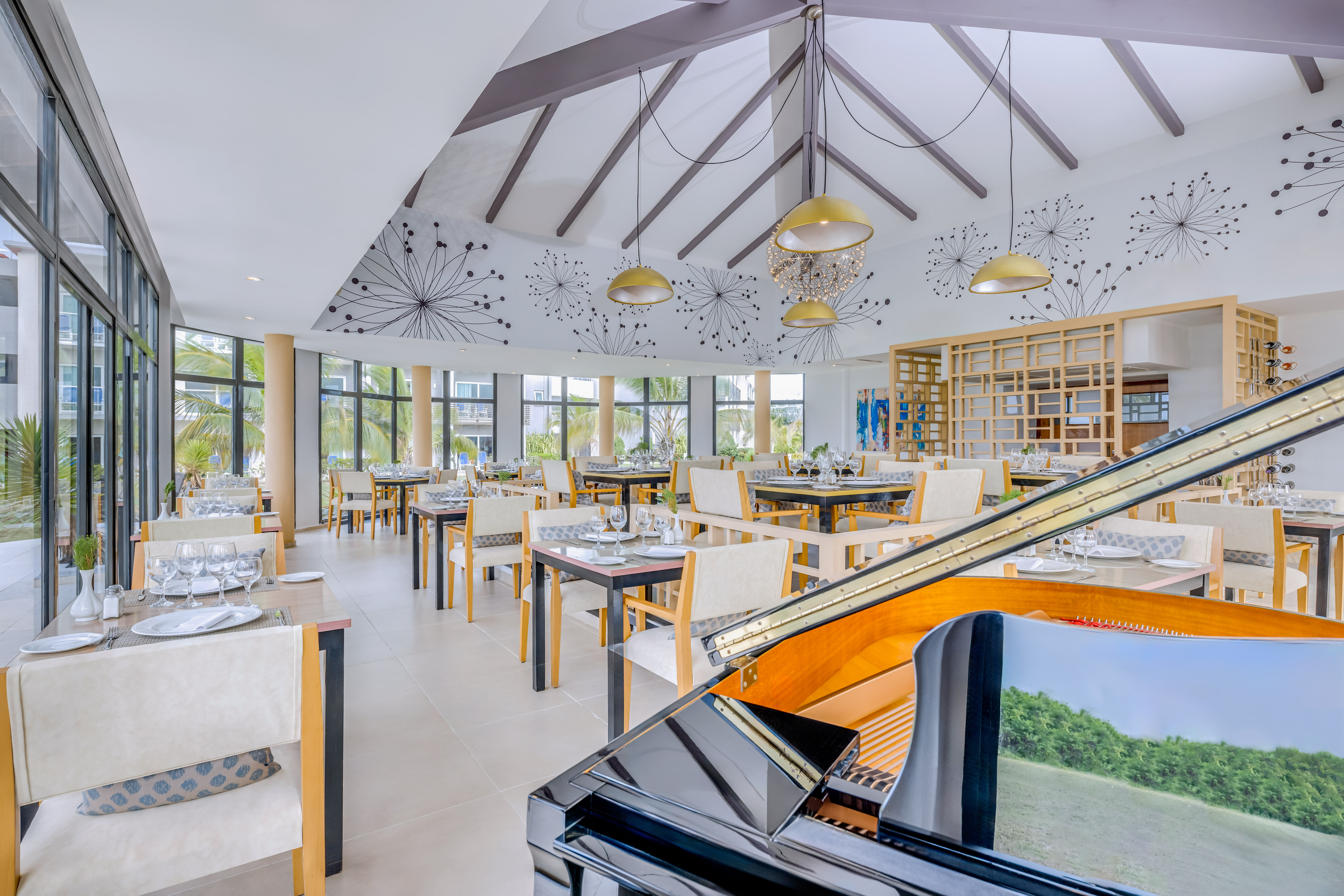 a room with tables and chairs