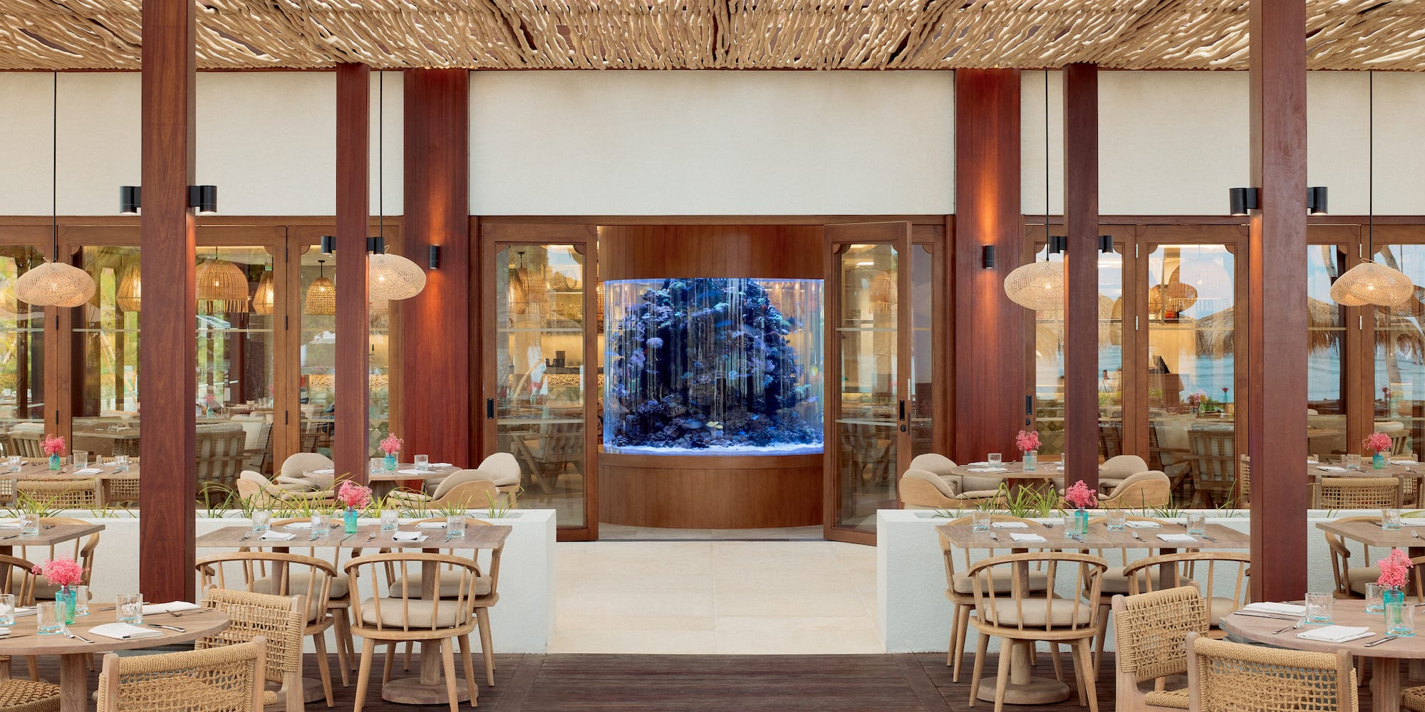 a room with tables and chairs