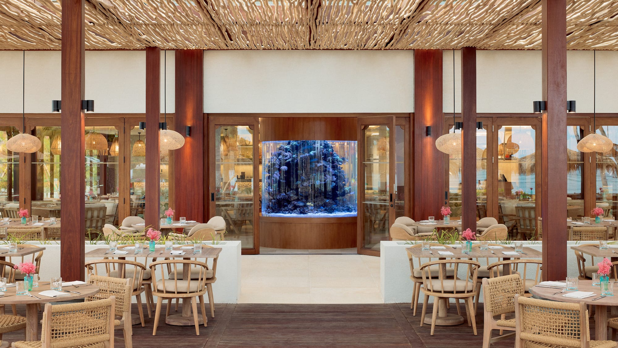 a room with tables and chairs