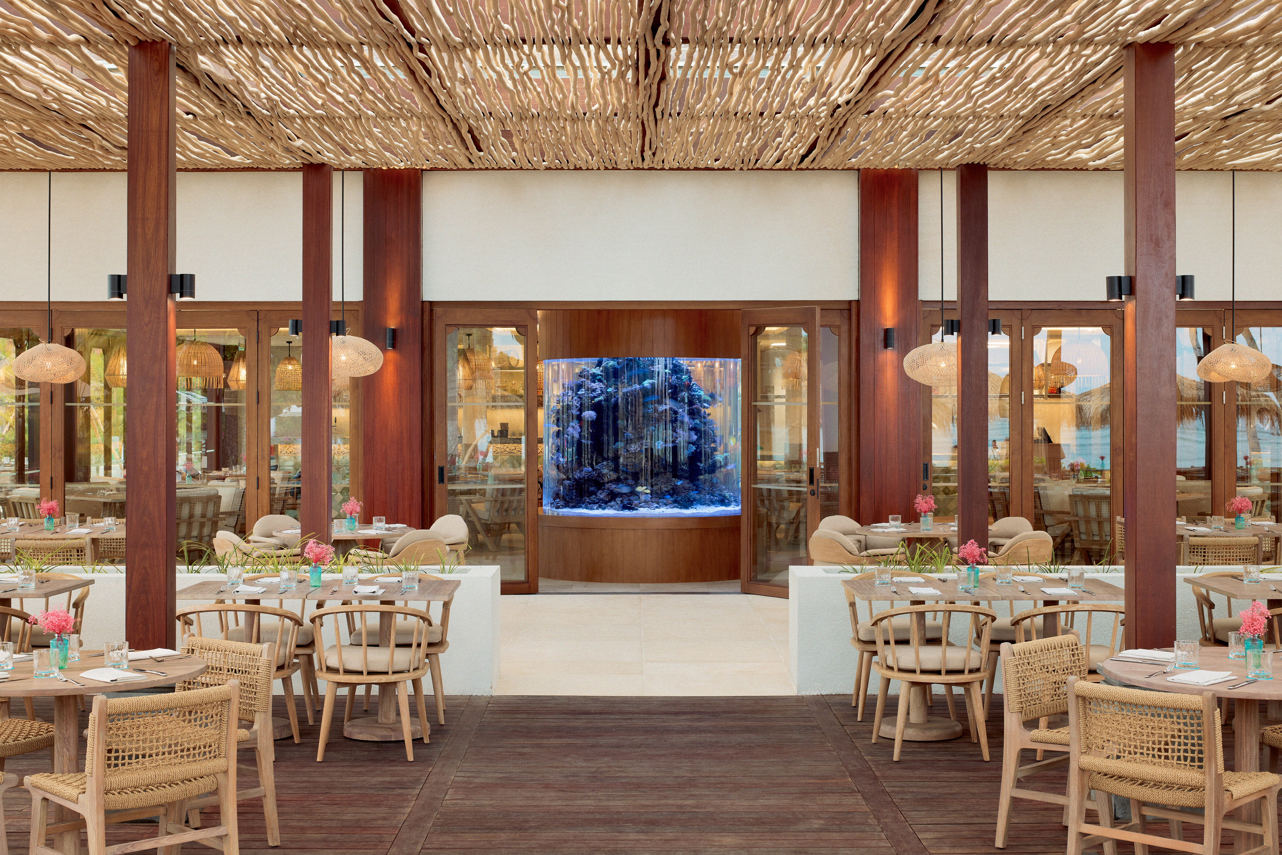 a room with tables and chairs