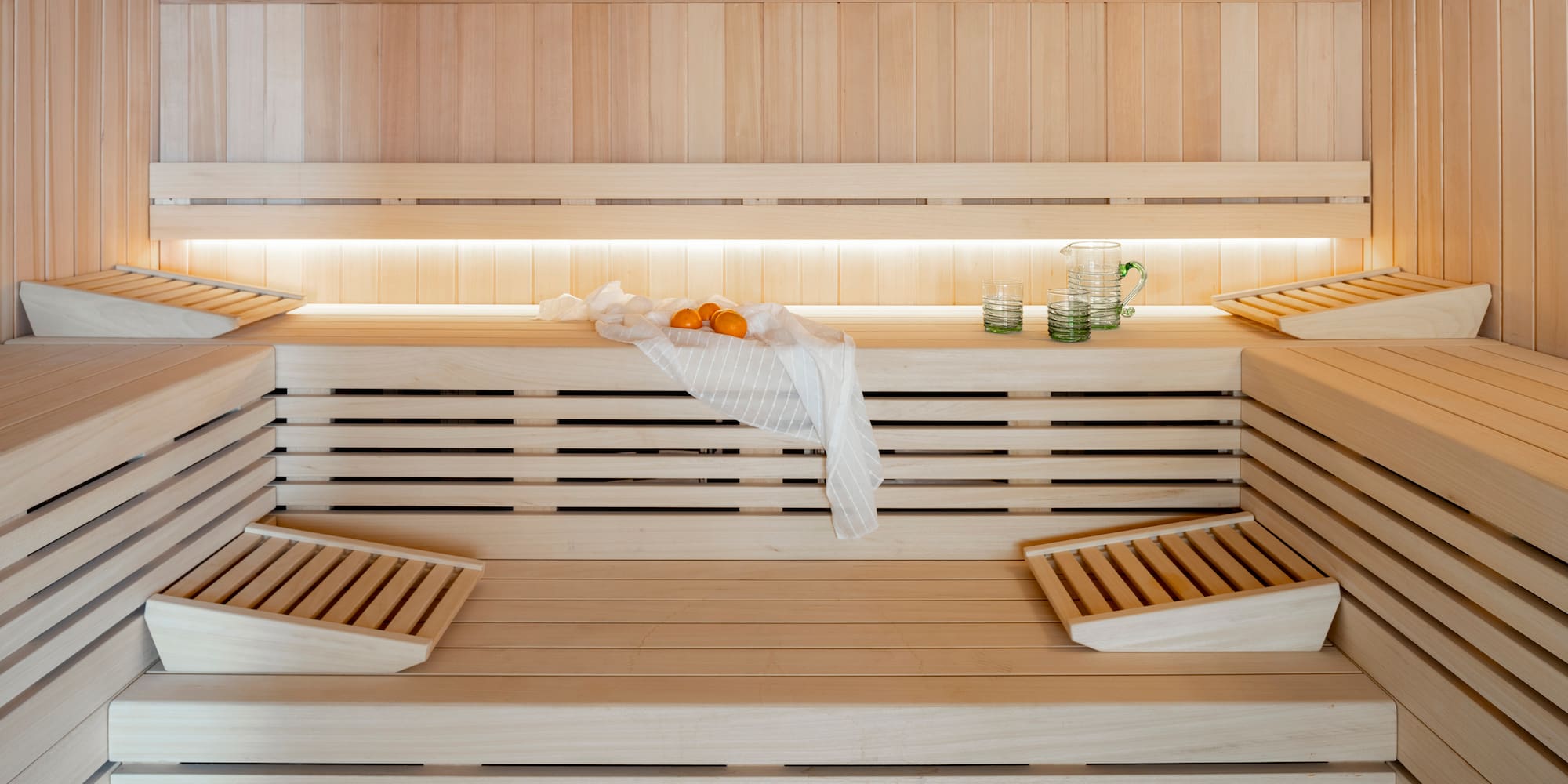 a wooden bench in a sauna