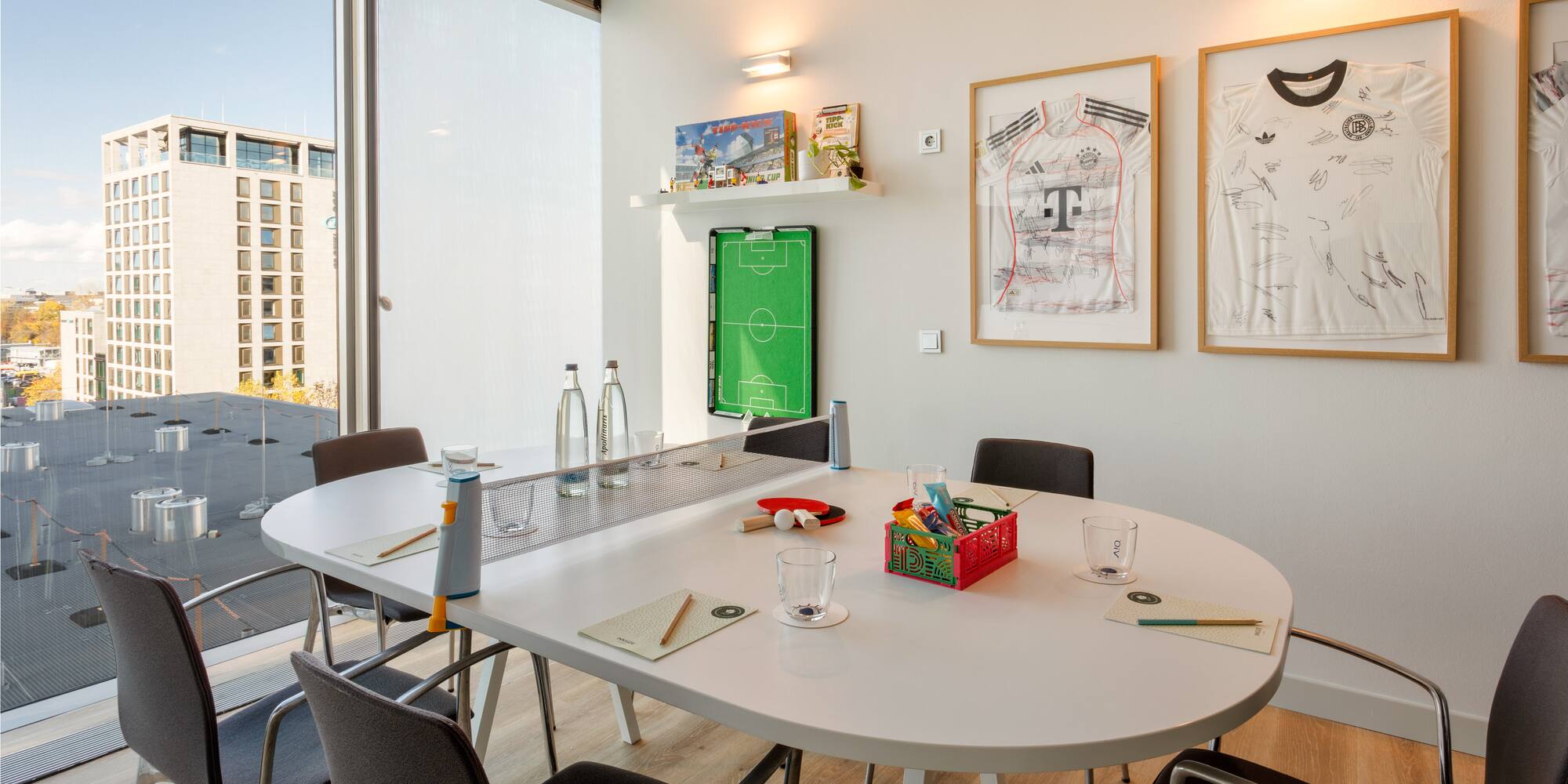 a room with a table and chairs