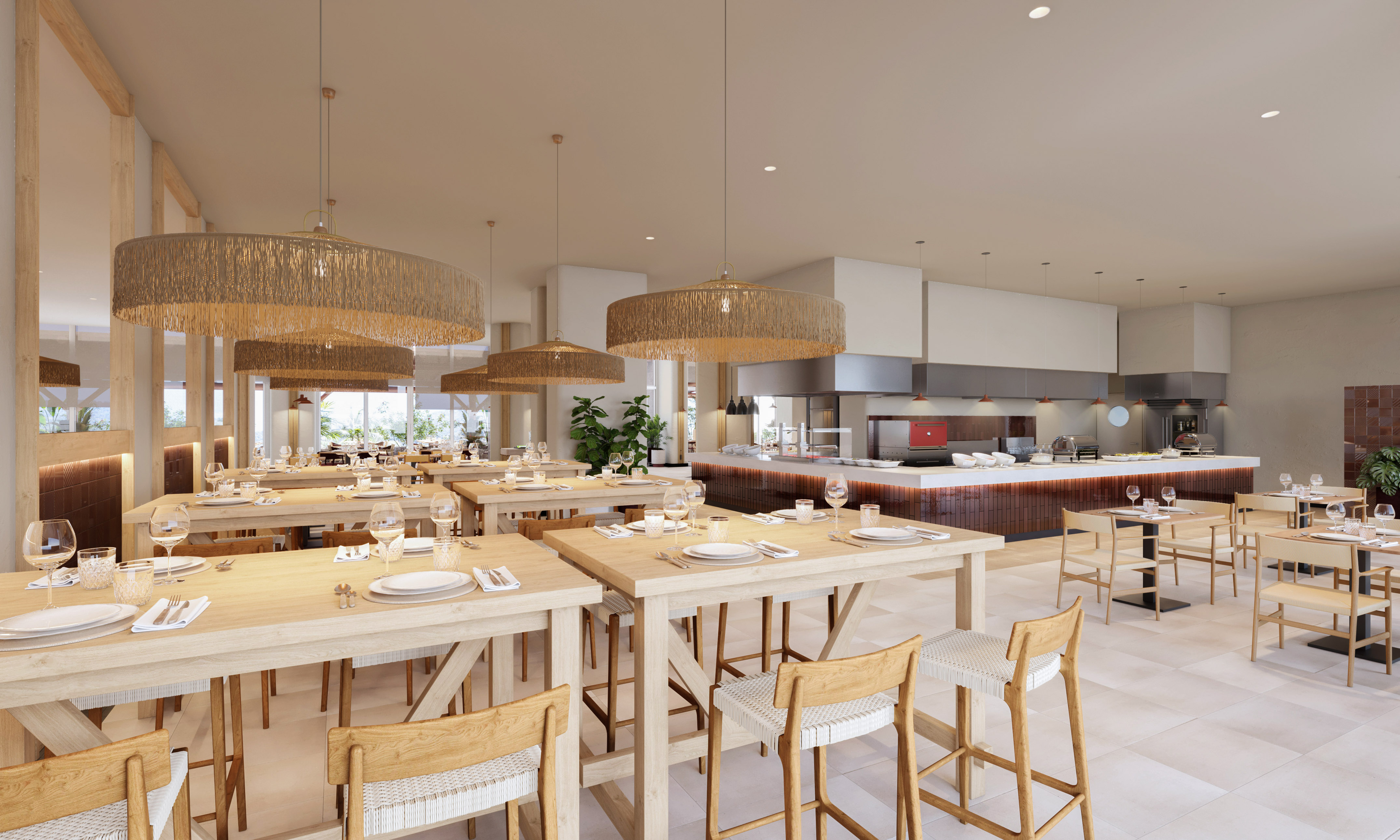 Modern dining room, open kitchen, light wood tables, woven pendant lights.