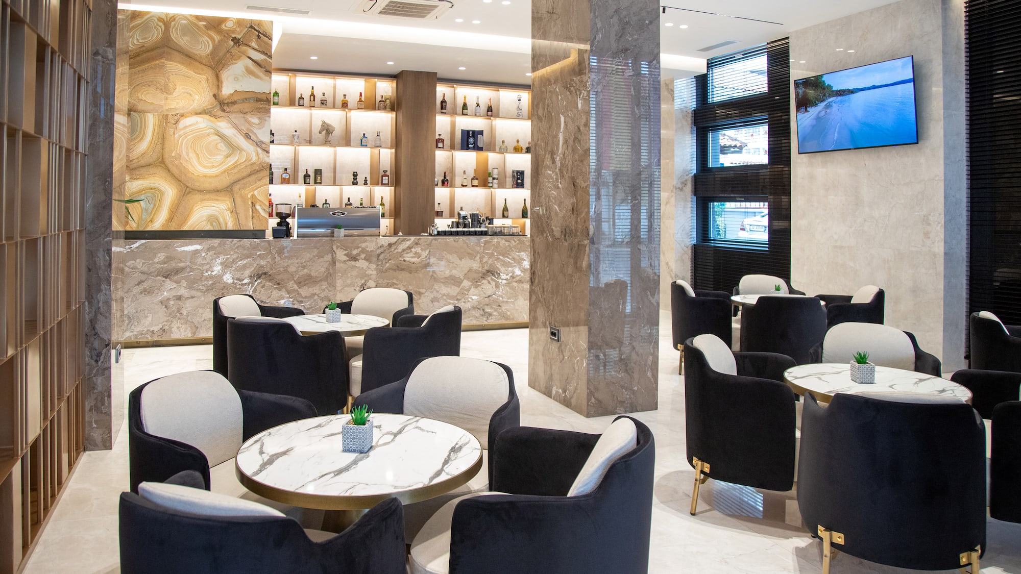 a room with tables and chairs