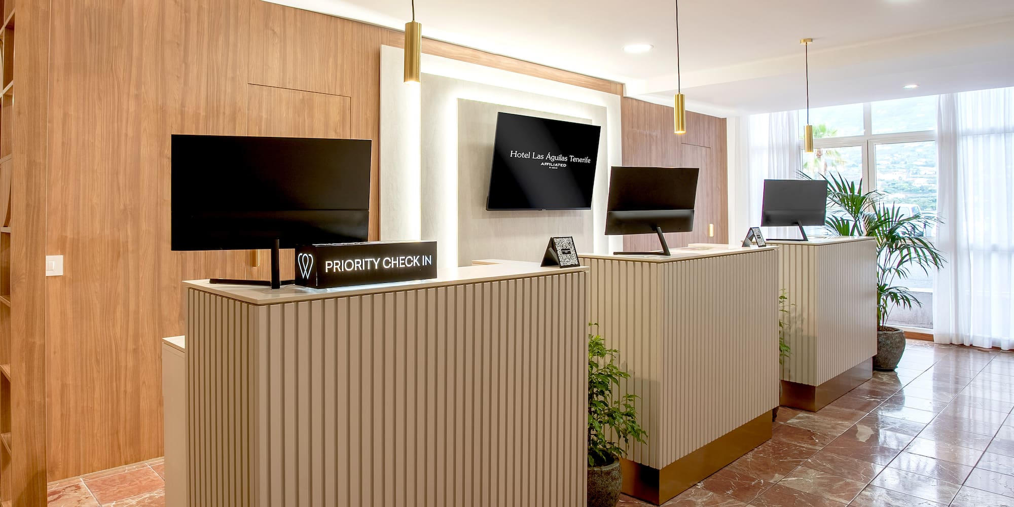 a reception desks with computers